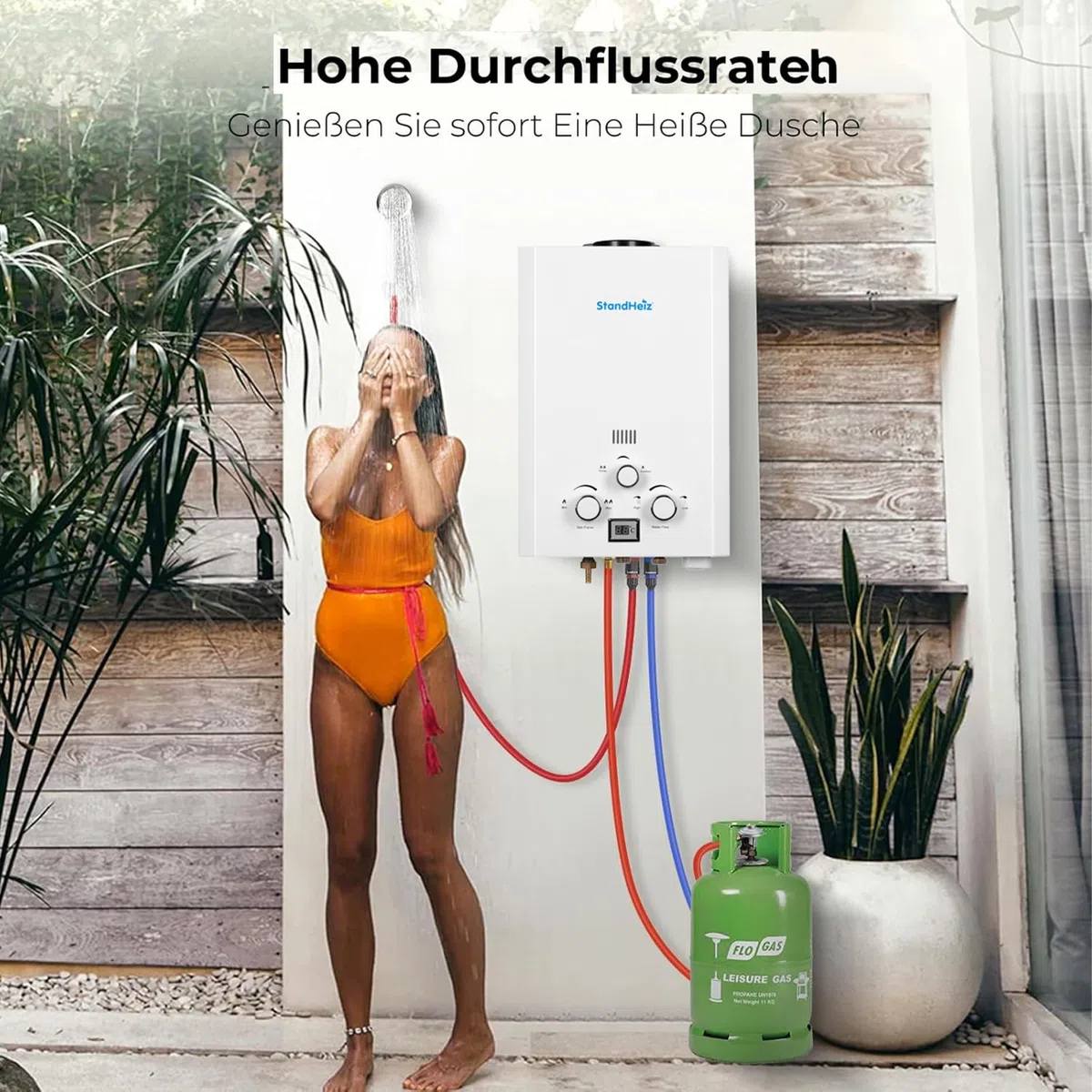 Durchlauferhitzer 12L 24 kW – LPG/Propan Warmwasserbereiter mit LCD Display, Sofort-Heißwasser für Außendusche, Garten, Haus, Camping, Wohnmobil & Wohnwagen, stufenlose Temperaturregelung