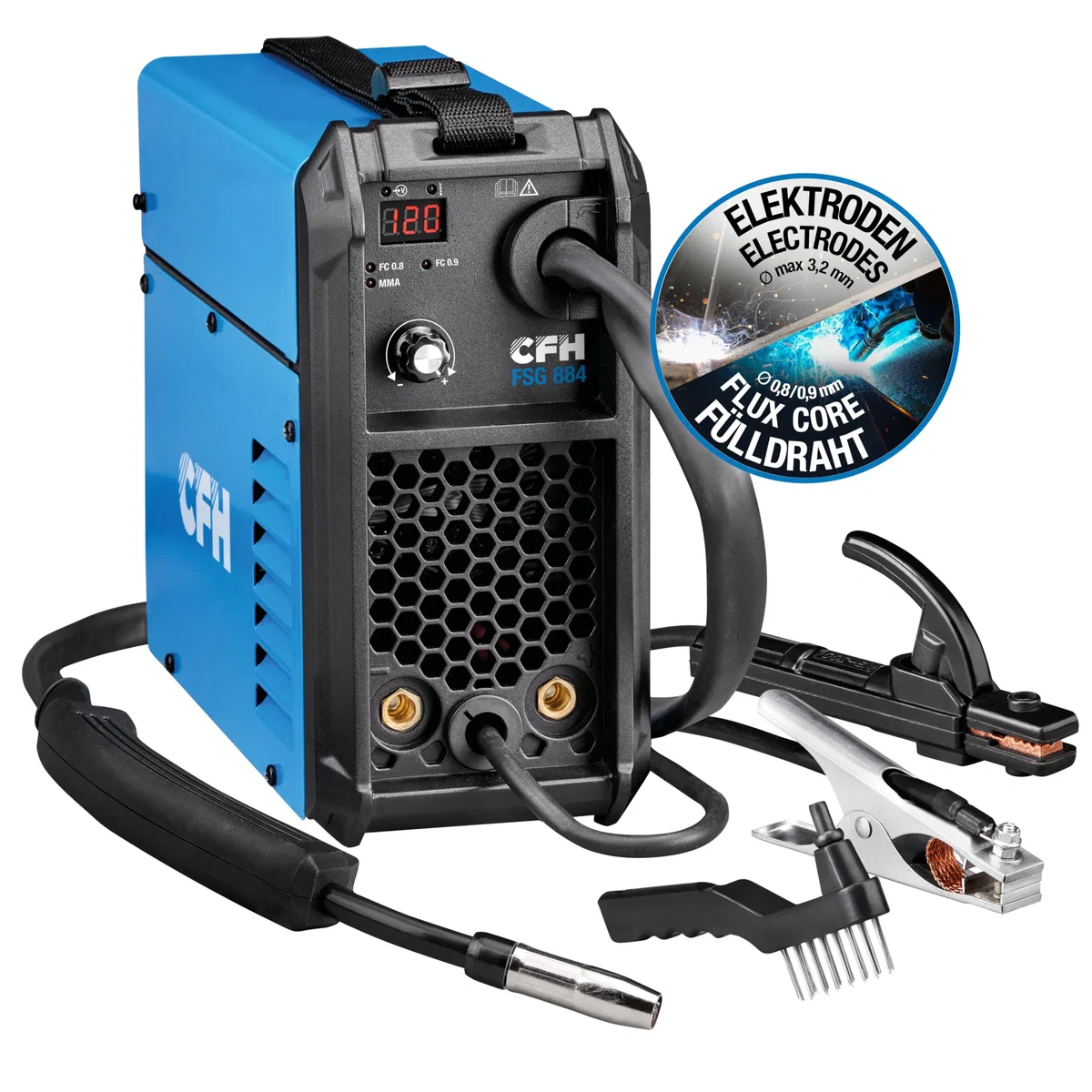 CFH Fülldrahtschweißgerät 120 A FSG 884 – MMA- & FLUX-Schweißgerät ohne Gas, mit Hot Start, Anti Stick & Arc Force, für Elektroden Ø 1,5–3,2 mm und Fülldraht Ø 0,8/0,9 mm, bis 4 mm Materialstärke