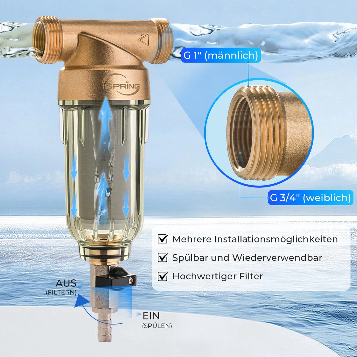 iSpring WSP-100 1" Rückspülfilter Wasserfilter Filter, Wiederverwendbarer Spin-Down-Sedimentwasserfilter, Vorfilter für Brunnenwasserschlauch, G 1" - 3/4", 100Mikron
