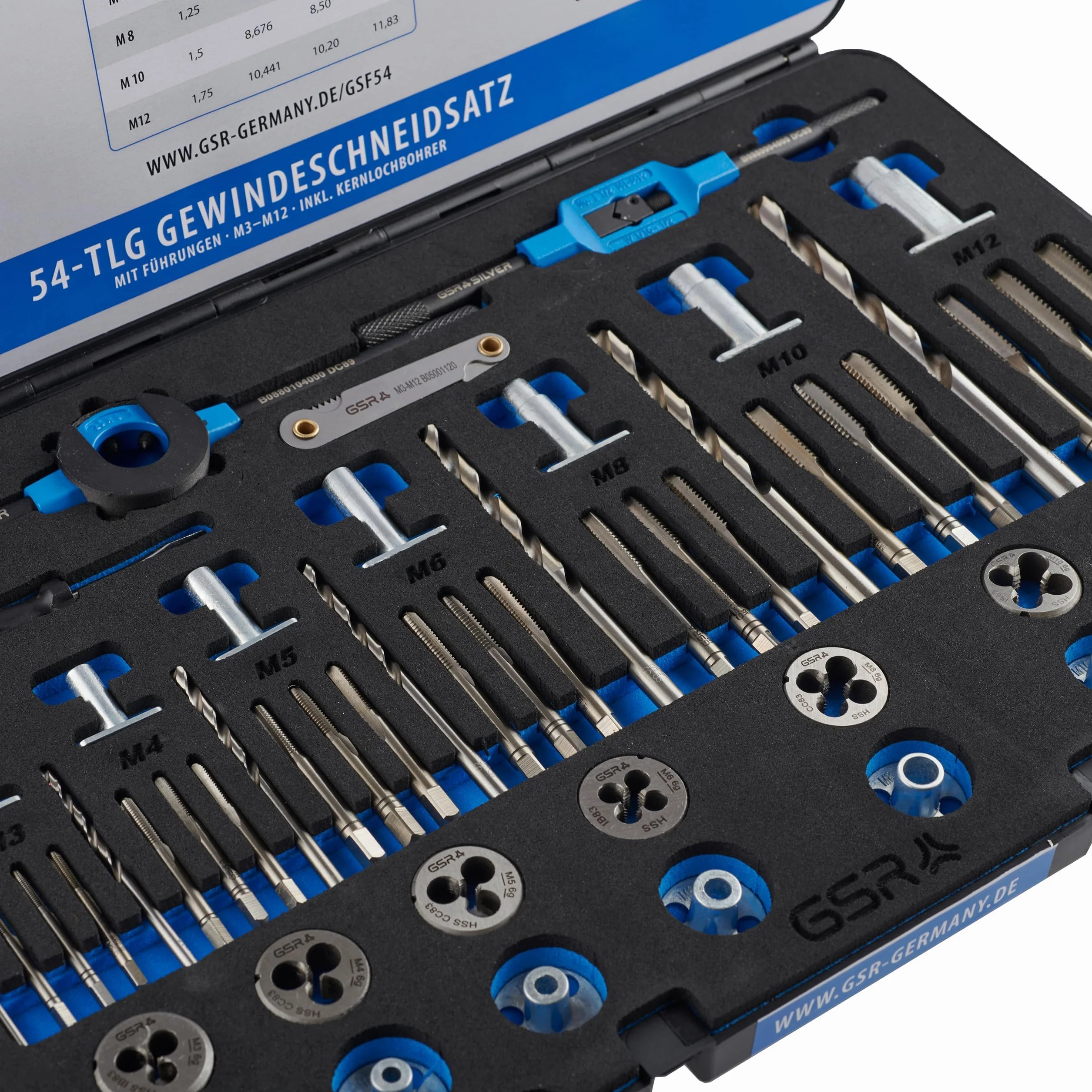GSR Gewindeschneider Set 54-teilig für präzise HSS-Innen- und Außengewinde, M3–M12, mit Handgewindebohrern, Führungen, Kernloch-Spiralbohrern, Schneideisen, verstärkten Haltewerkzeugen