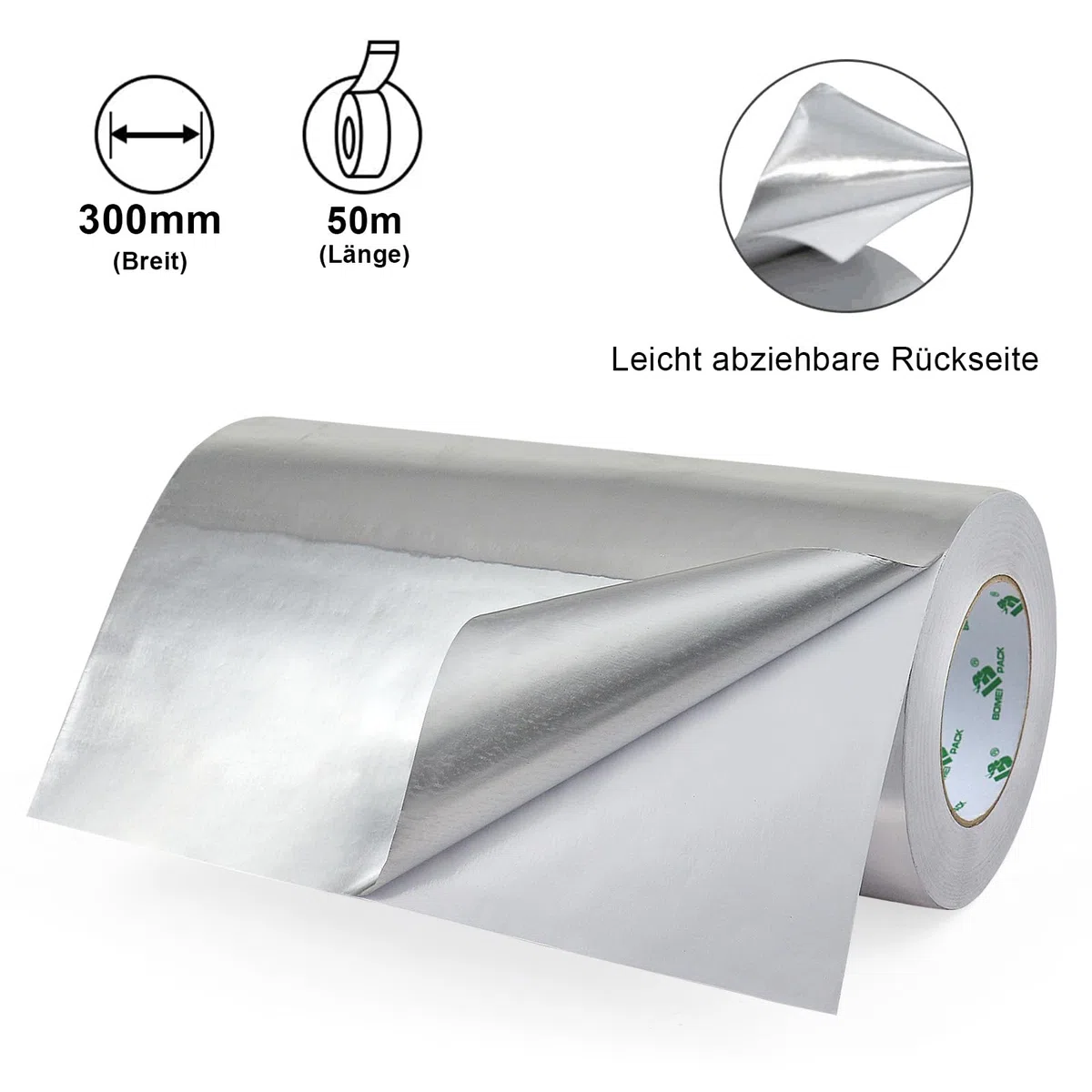 BOMEI PACK Aluminium Klebeban 300mm x 50 m, selbstklebendes Alu-Klebeband-Aluband, Wasserdichtes- und hitzebeständiges Band zum Versiegeln, Reparieren und Isolieren