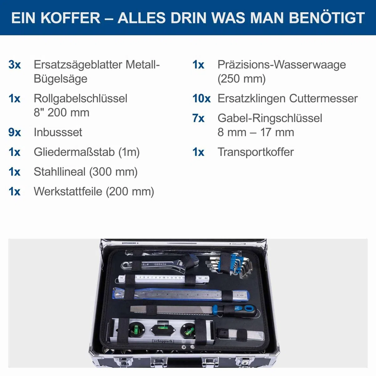 Scheppach TB200 Aluminium Werkzeugkoffer gefüllt 141-tlg Werkzeug Set | Werkstattkoffer bestückt mit Schraubenschlüssel, Hammer, Zange, Schraubenzieher, Werkzeugkiste für Werkstatt und Haushalt