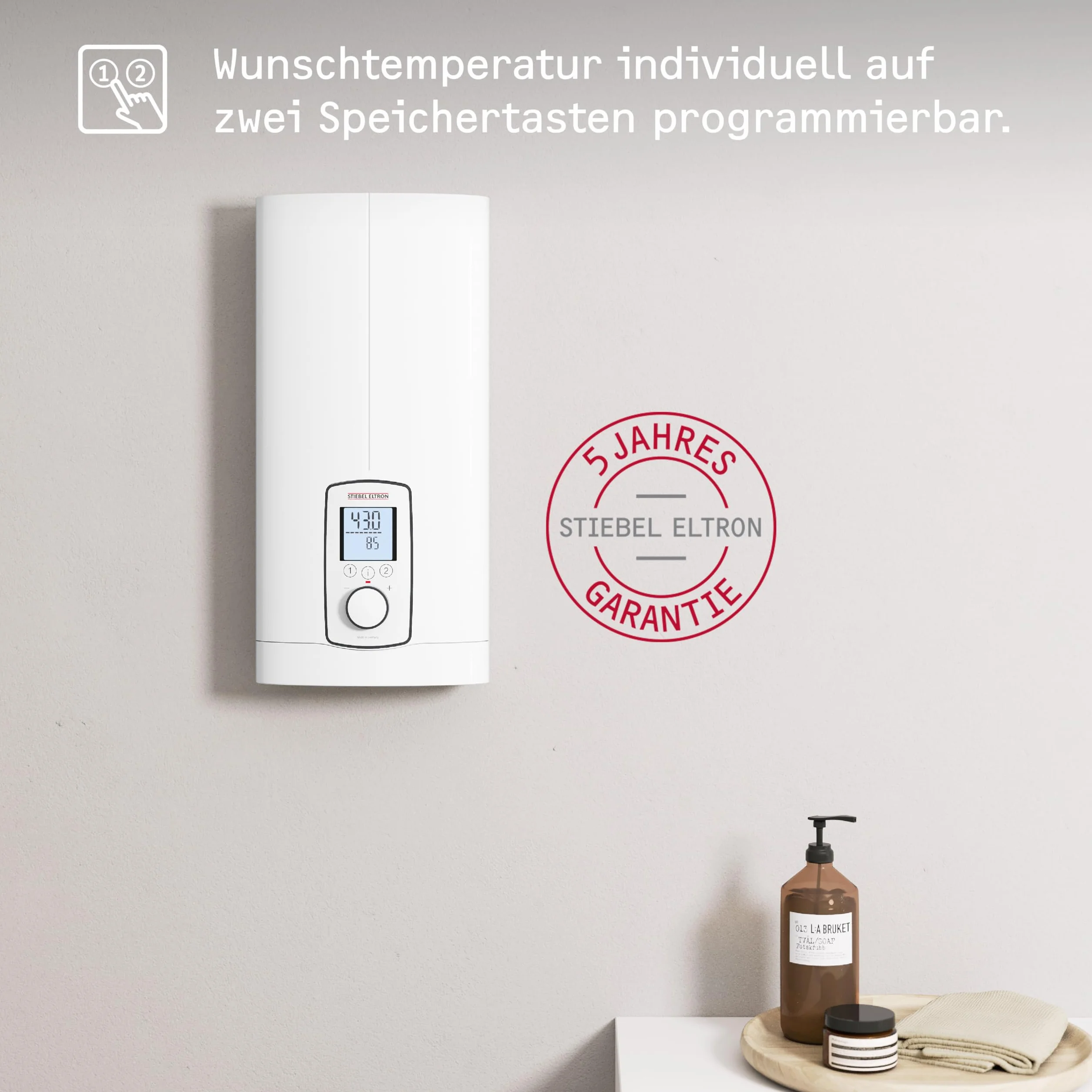 STIEBEL ELTRON Vollelektronischer Durchlauferhitzer DHE 18/21/24 kW, immer gradgenaue Wunschtemperatur, ECO-Modus, Multifunktionsdisplay, 2 Memory Tasten, Wellness-Programme, 202656
