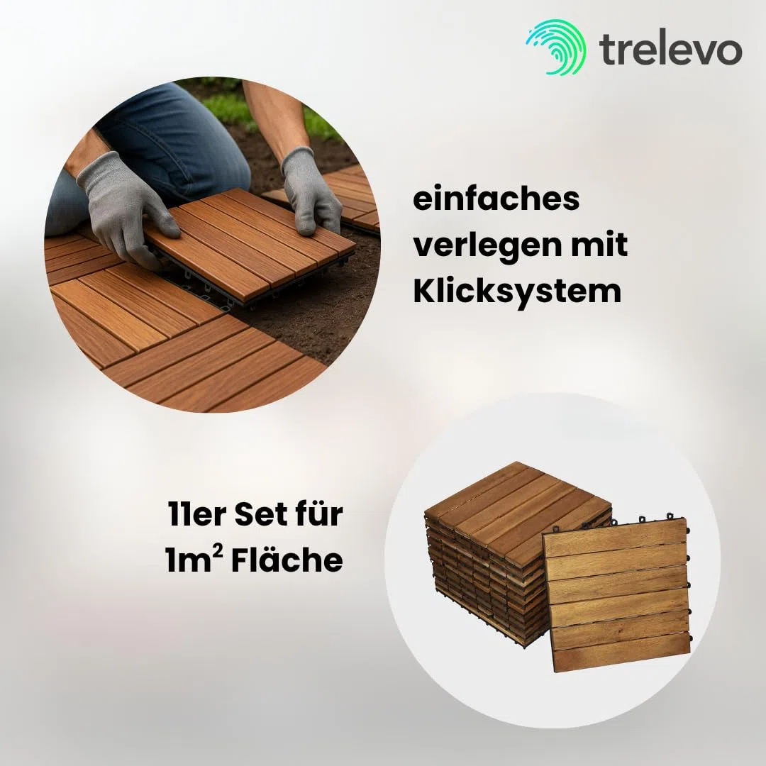 Akazienholz geölt Holzfliese 30x30 cm Bodenbelag mit Drainage Balkonfliesen 11 Stück für 1m²