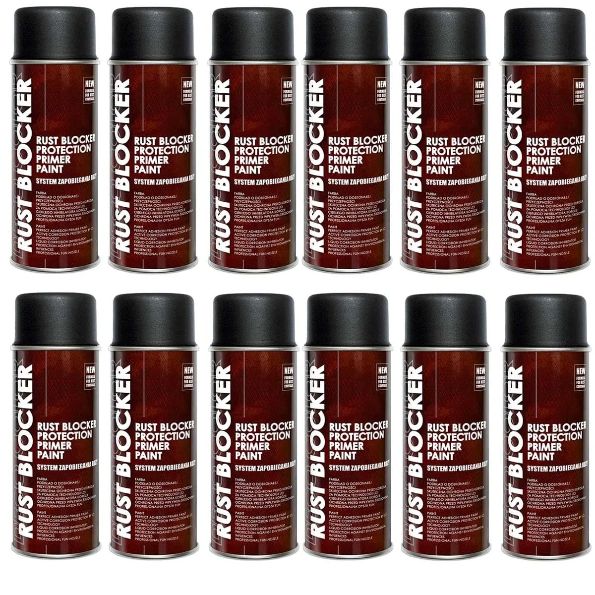 DECO COLOR 12er Sparpack 400 ml Rust Blocker 4in1 Metallschutzlack Rost Stop Lack schwarz matt RAL 9005, 4in1 -Haftvermittler - Aktiver Rostschutz - schnelltrocknender Lack - effektiver Schutz