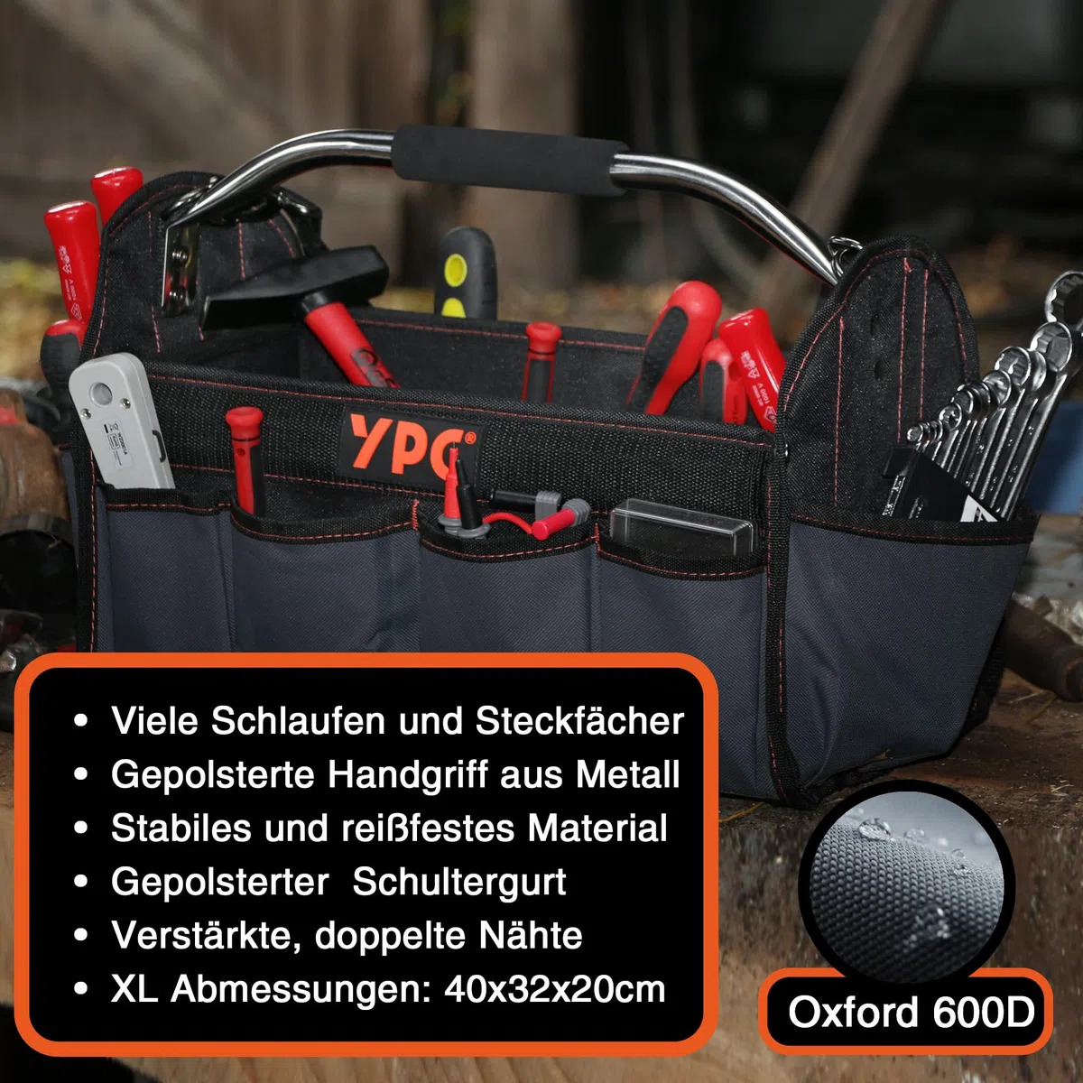 YPC Carrier Werkzeugkorb XL – Tragbare Werkzeugtasche mit stabilem Boden, Wasserfest, Reißfest, Faltbar, Schultergurt mit Polster & Metall-Handgriff, Schwarz, 40,5x30x19,5cm – 20 kg Tragkraft