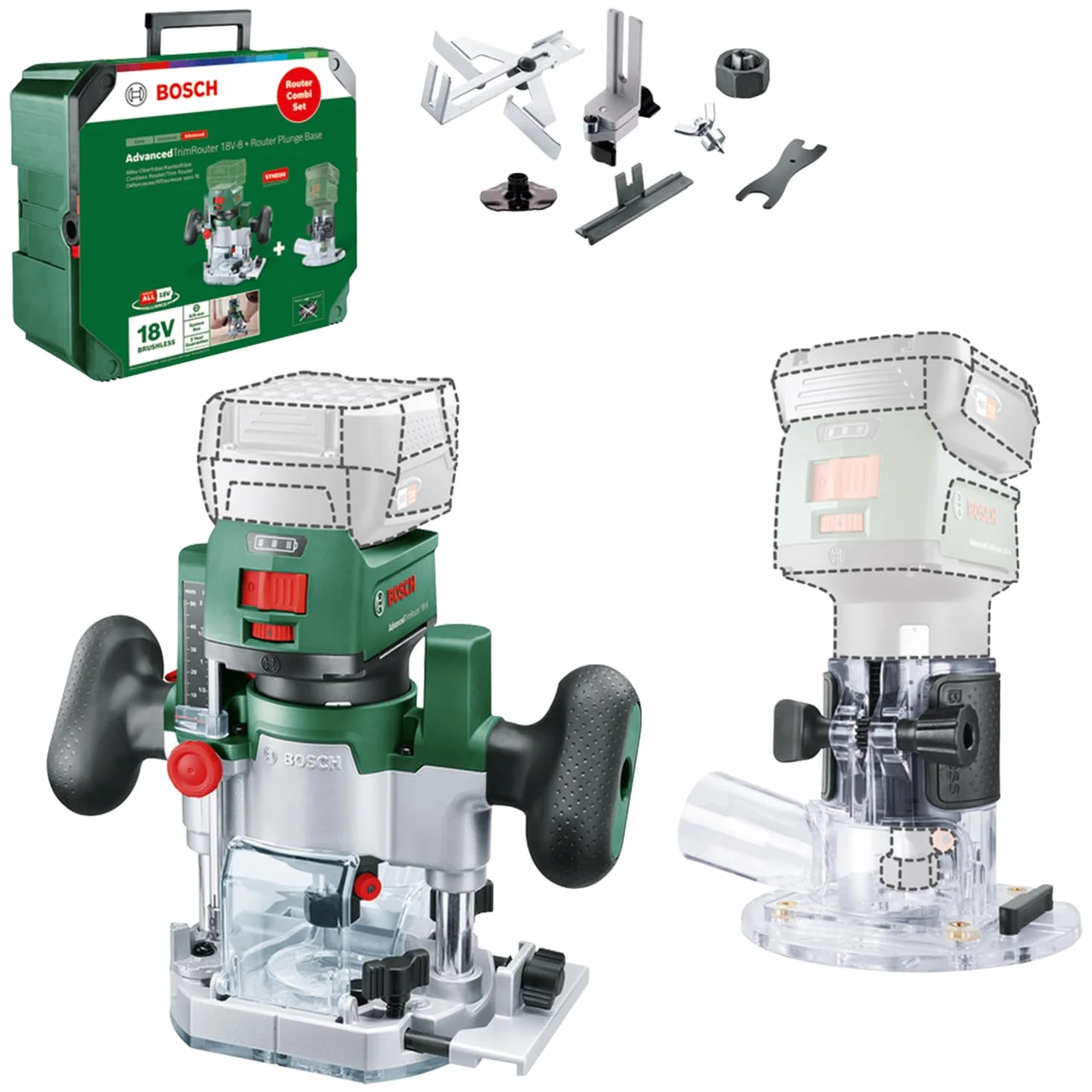 Bosch 2in1 Akku-Kanten-/Oberfräse AdvancedTrimRouter 18V-8 (zum Fräsen von Kanten, Nuten und kreativen Motiven; inkl. 2 Fräskörben + Zubehör, 18 Volt System; Bürstenloser Motor; in SystemBox M)