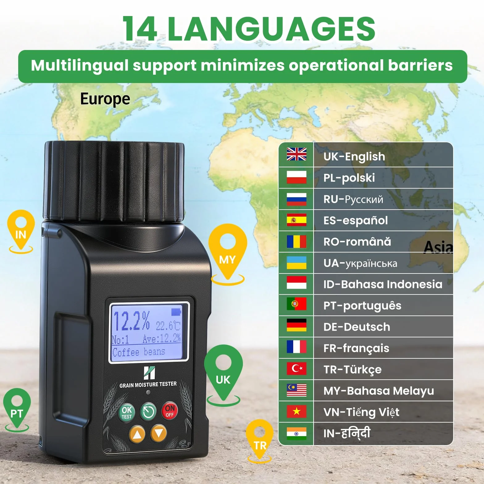 Huanyu Getreide Feuchtigkeitsmessgerät Grain Moisture Meter für 40 Sorten, ±0.5% Genauigkeit, Feuchtigkeitsmesser mit 14 Sprachen inkl. Deutsch, Temperaturkompensation, für Weizen, Rohkaffee und mehr