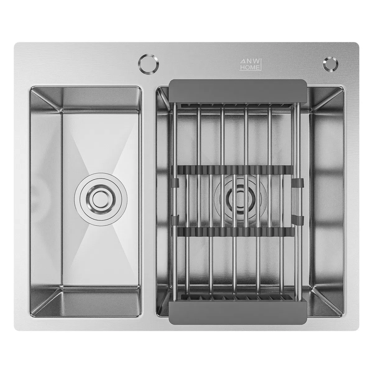 ANW HOME Spülbecken Küche 2 Becken 61x51 cm, Edelstahl 304 | Einbau, Nano-Beschichtung, Stärke 3,0+1 mm, Mit Siphon, Seifenspender, Korb