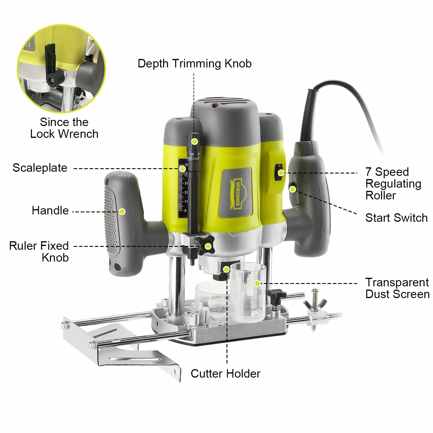 DEWINNER Elektronik Oberfräse Fräser 1200W,Ø 6 und 8 mm,Drehzahlregelung, Parallelanschlag, Absaugadapter, Set 12-teilig