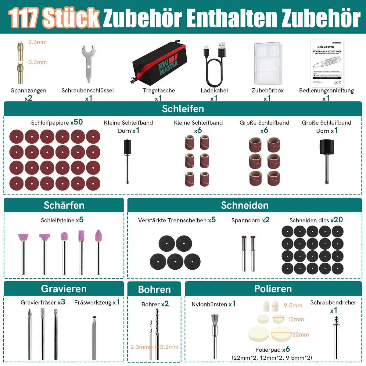 MASTER 8V 2.0Ah Akku Multifunktionswerkzeug Set mit 117 Zubehör, LED, 5-Gang, zum Bohren Gravieren Polieren Schleifen
