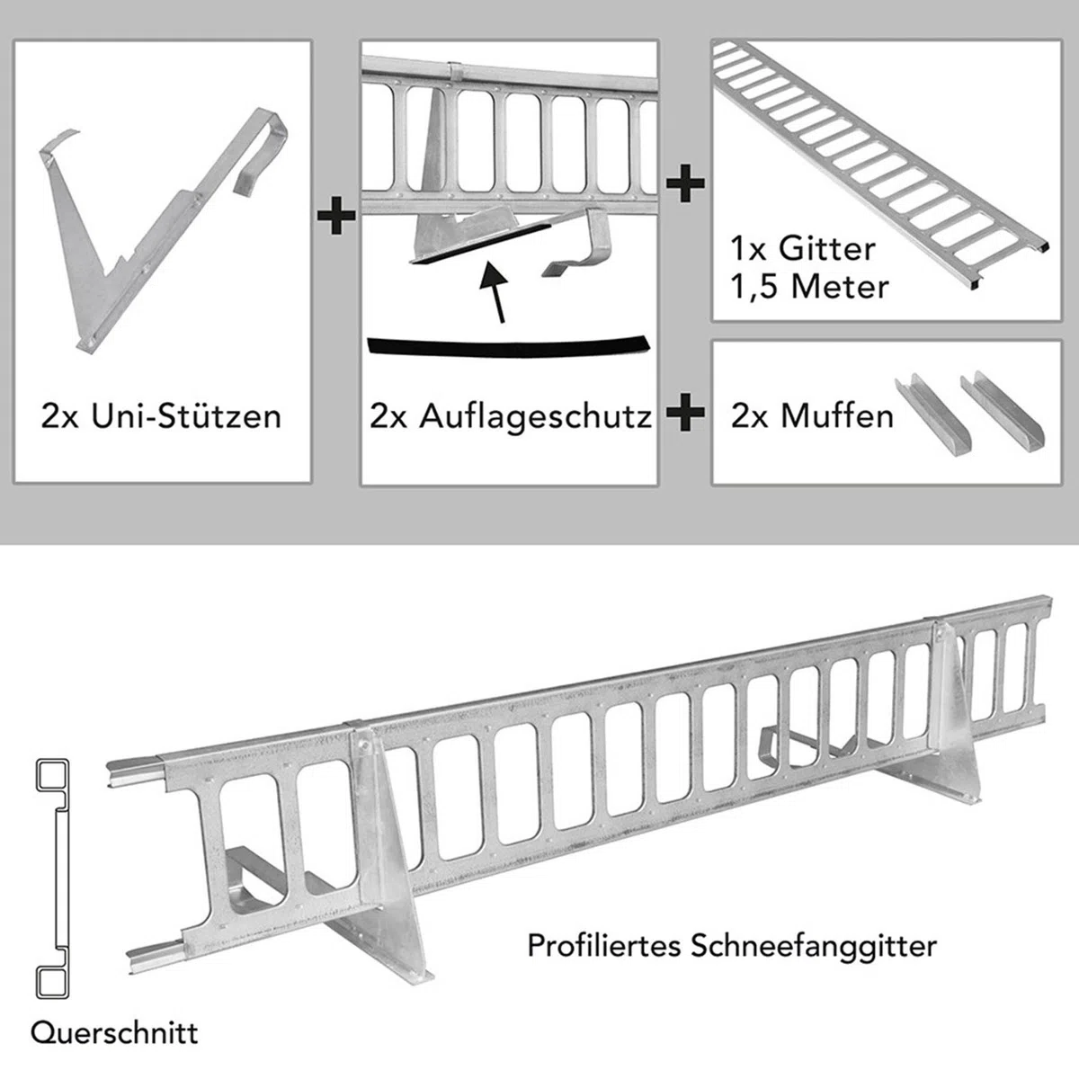 Schneefanggitter Rot 1,5 m, 7-teiliges Set inkl. Auflageschutz, Made in Germany, 233 kg pro Meter stark, universales Schneefangsystem, blitzschnell montiert
