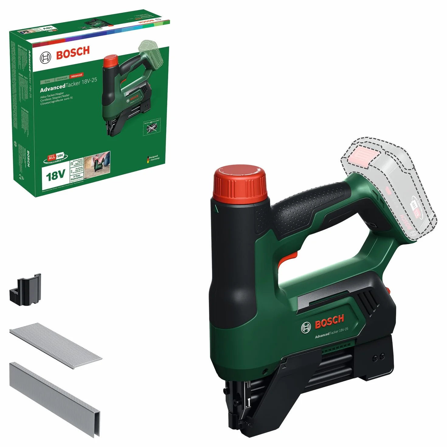 Bosch 18V System Akku-Tacker/Nagler AdvancedTacker 18V-25 (Leistungsstarkes 2-in-1-Klammern und Nageln; inkl. Klammern, Nägeln, Abstandshalter, Drahtführungskappe)