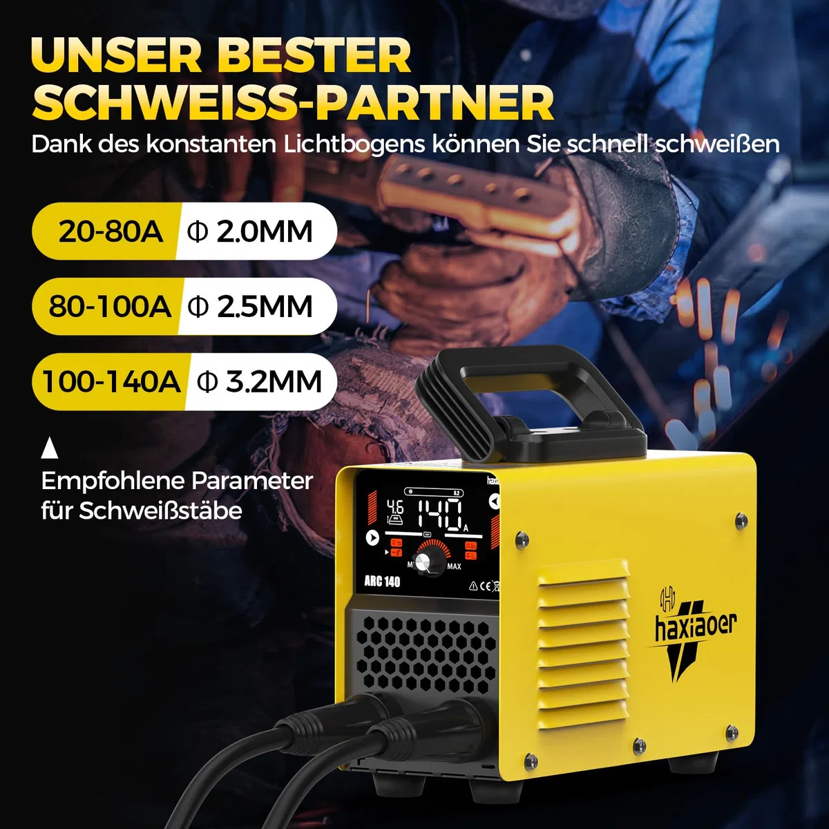 haxiaoer ARC140 Elektroden Schweißgerät – 140 A 230V IGBT DC Inverter Schweißgerät mit Lift TIG, LED-Anzeige, Anti-Stick, Hot Start, ARC Force, 10 Rods