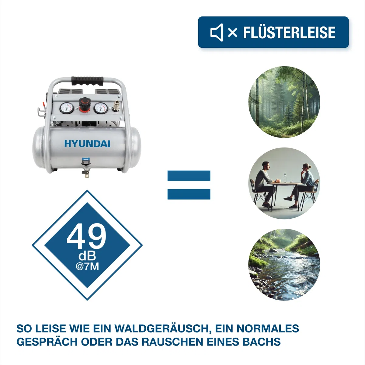 HYUNDAI Silent Kompressor SAC75008 | 8L Kessel | 0.75kW, 9bar | Ansaugleistung 128 L/Min | Luftkompressor leise, ölfrei | 2 Anschlüsse | Flüsterkompressor, Compressor flüsterleise