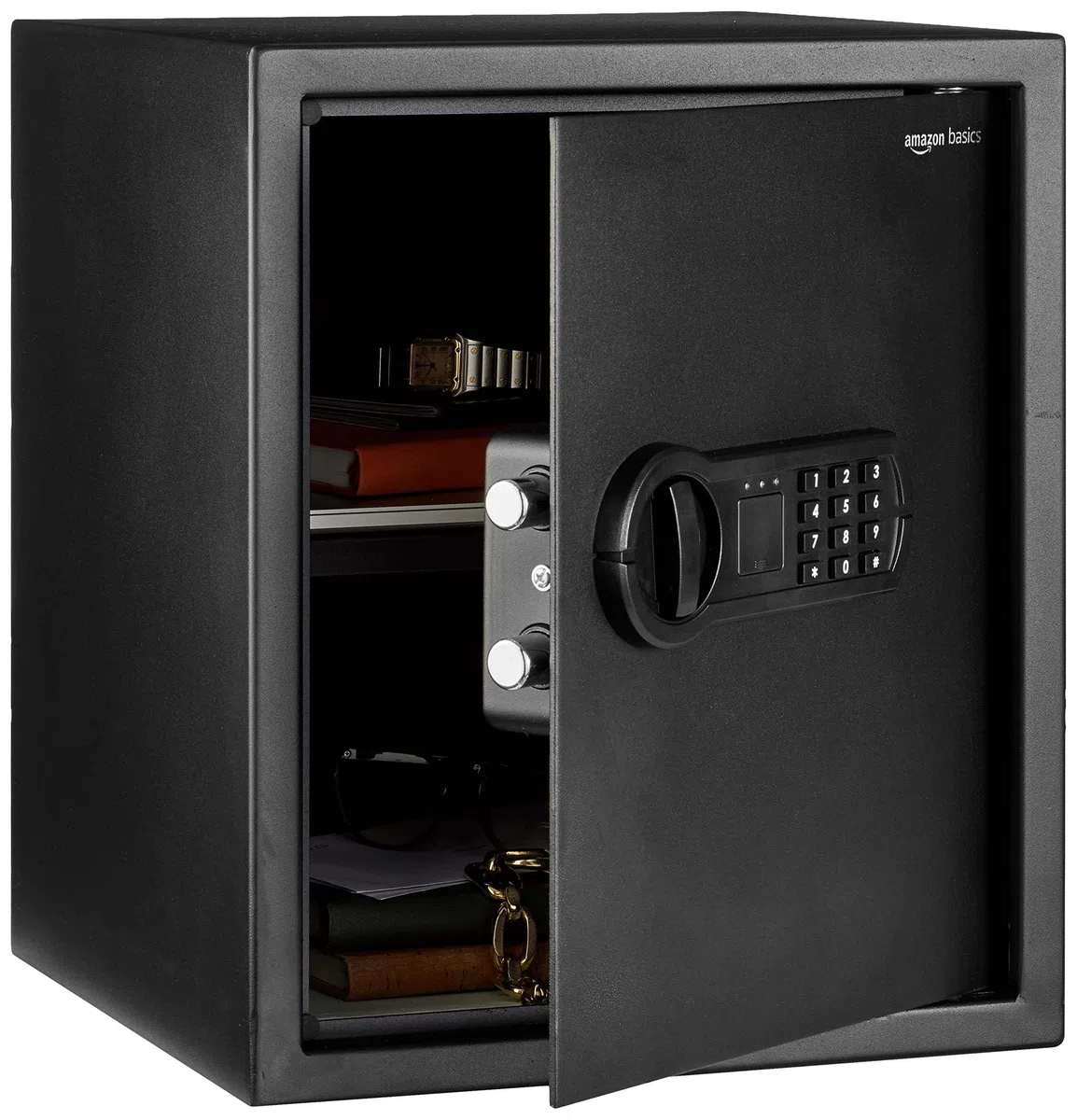 Amazon Basics Elektronischer Tresor aus Stahl mit programmierbarem digitalem Tastenfeld für Schmuck, Geld, Wertsachen, 43 l, 35 cm x 33 cm x 42 cm (B x T x H), Schwarz