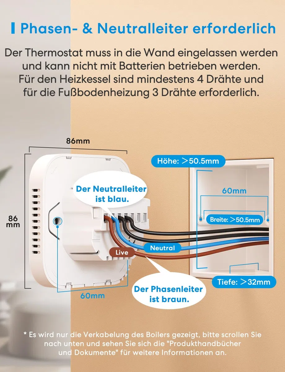 Meross Thermostat Matter Heizungsthermostat Heizung Smart Digital WLAN Raumthermostat für Fußbodenheizung & Boiler, Intelligente Wandthermostat kompatibel mit Alexa, Siri & Google, Home Assistant