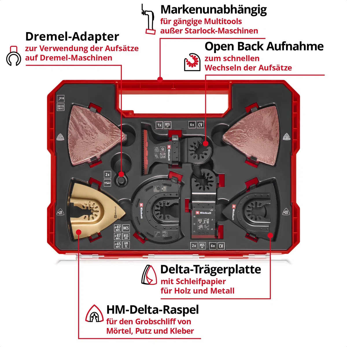 Original Einhell XXL-CASE 70-tlg. Multitool-Set (BiM/CrV-Tauchsägeblätter, HCS/HM/BiM-Halbrund-Sägeblätter, HM-Delta-Raspel, Delta-Trägerplatte, Schleifpapier, Dremel-Adapter)