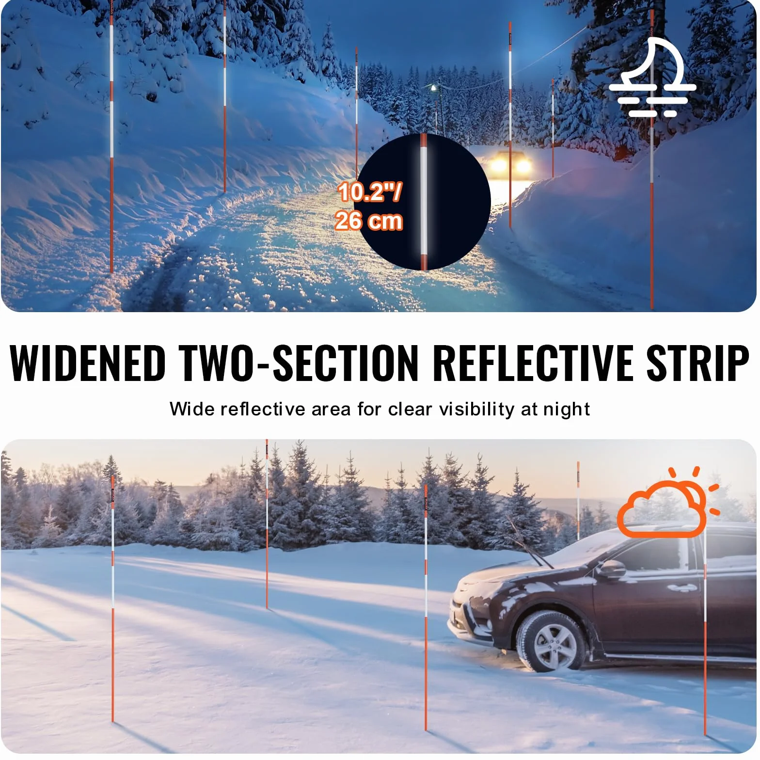 VEVOR 50er-Set Schneestangen 47,8 Zoll (121,5 cm) Auffahrtstangen orange UV-beständige Beschichtung Reflektierende Einfahrtsmarkierung Inkl. 1 Paar Schutzhandschuhe und 1 extralangen Stahlbohrer