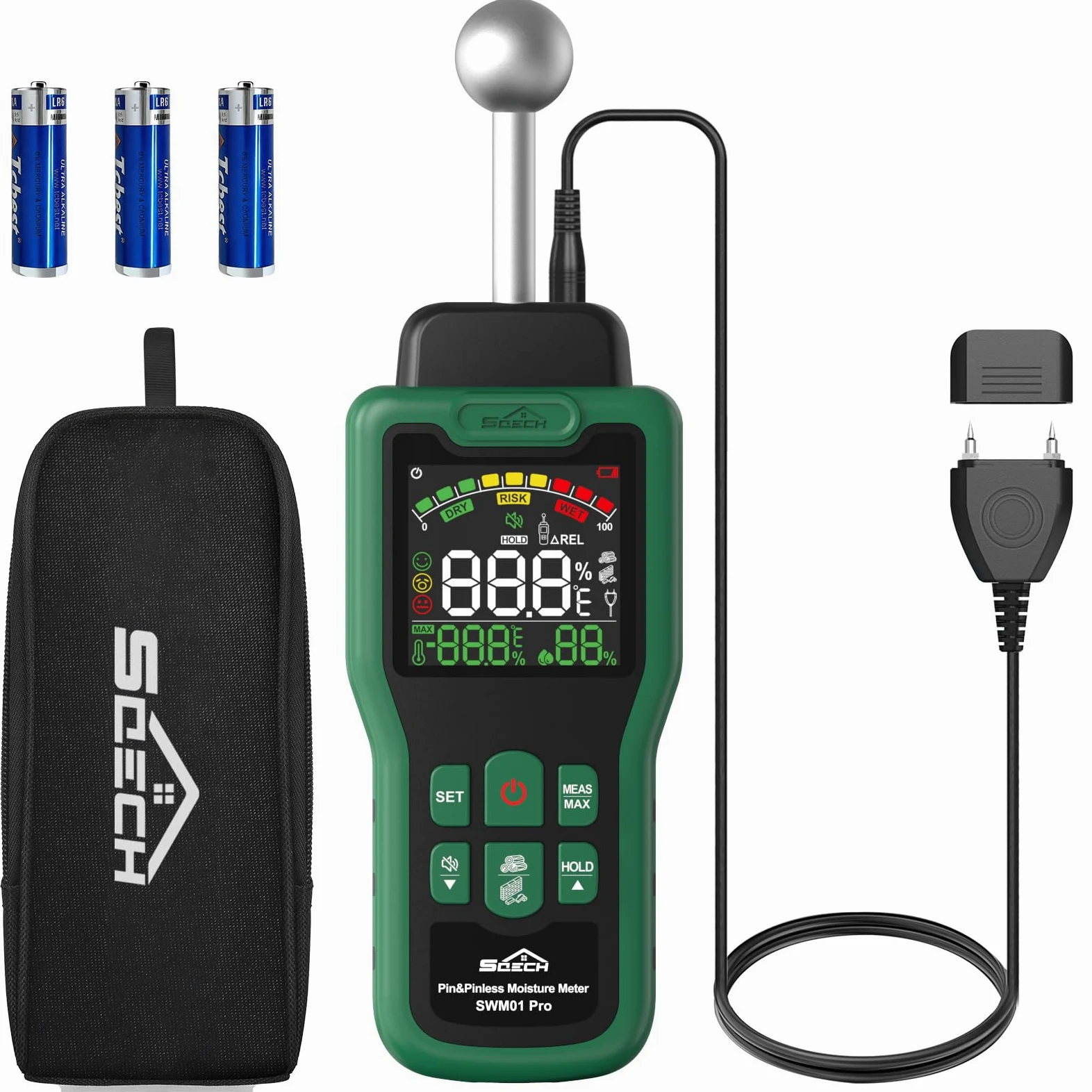 Feuchtigkeitsmessgerät, SQECH Feuchtigkeitsmesser mit Thermometer, Alarm, Multifunktionaler Feuchtemessgerät mit Farb-LCD, Nadel-Sensor für Wand, Holz, Mauerwerk,Wohnwagen, Wohnung