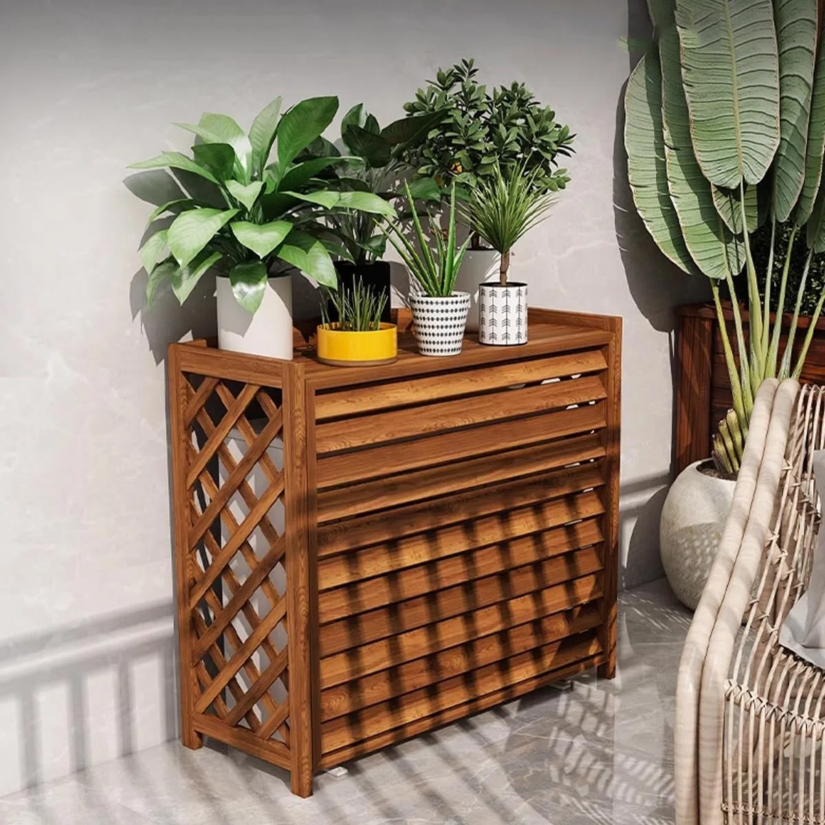 Holz Blumenständer Box Air Klima Abdeckung - Schallschutzhaube Wärmepumpe Schutzgitter - Verkleidung Klimaanlage Außengerät Sichtschutz Zäune(Brown,L96cm*W40cm*H89cm)