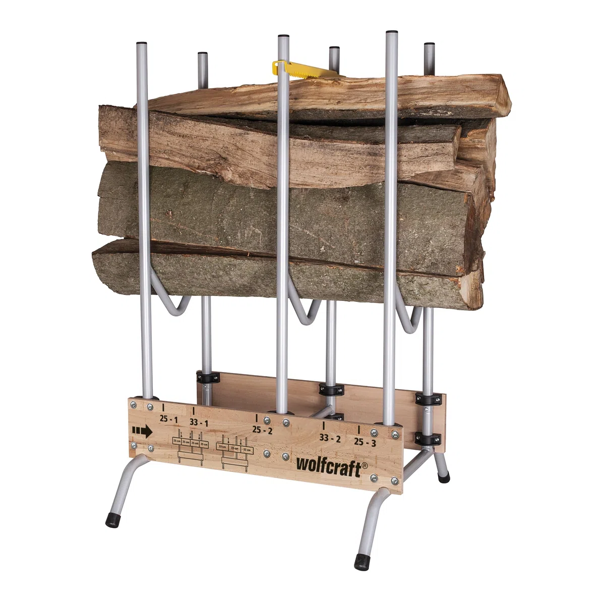 wolfcraft Sägebock klappbar - Holzschneidebock mit Auswurfsicherung | Kettensäge-Scherenbock, Tragkraft 150 kg, Säge-Markierungen für 25 & 33 cm, robust und stabil - Made in Europe - 5121000