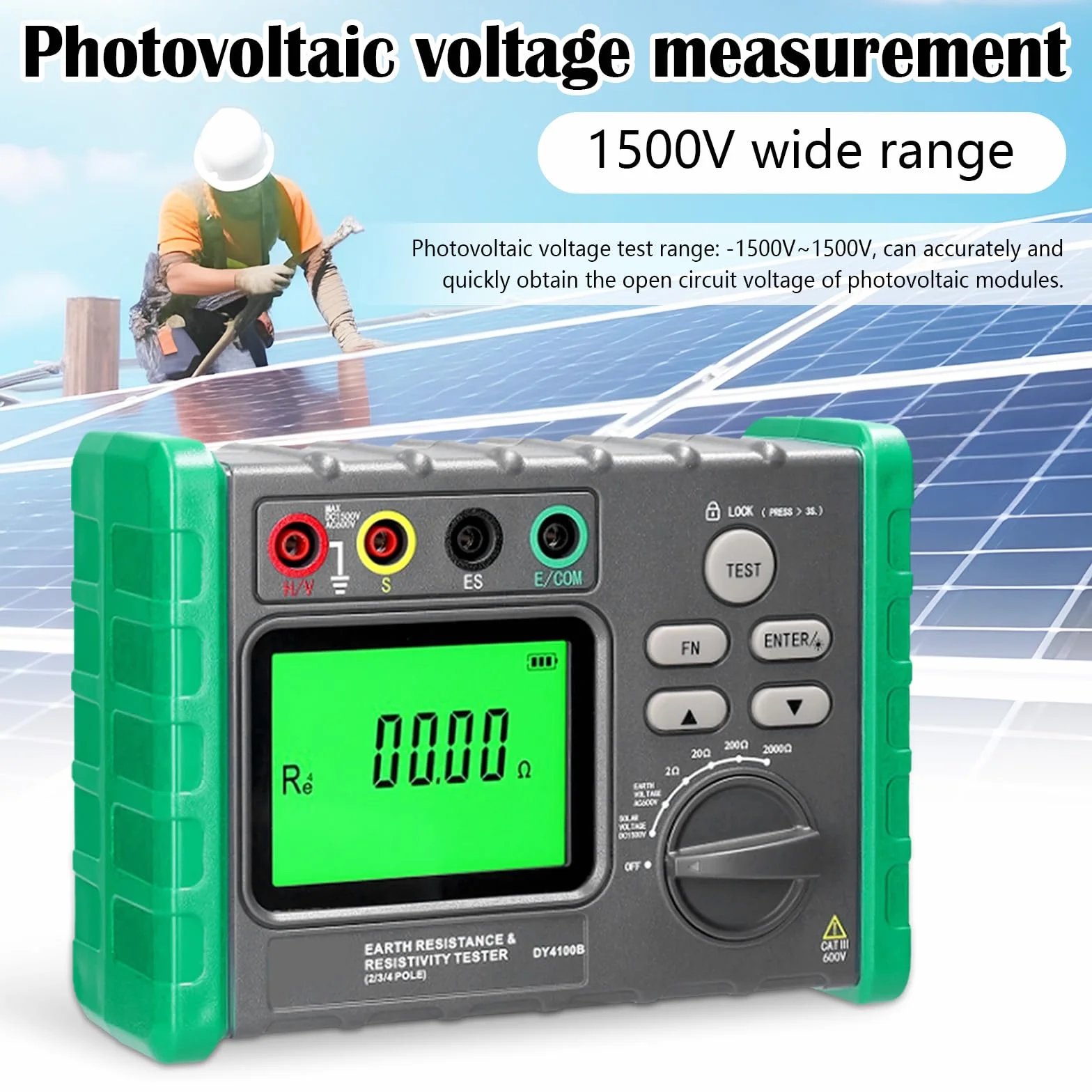 Isolationswiderstandstester, Erdungswiderstandsprüfer 0-2000Ω/ohm Isolationstester Erdspannung AC 0-600V PV Spannung DC 0-1500V Erdungsmessgerät Digital Megaohmmeter Resistance Tester