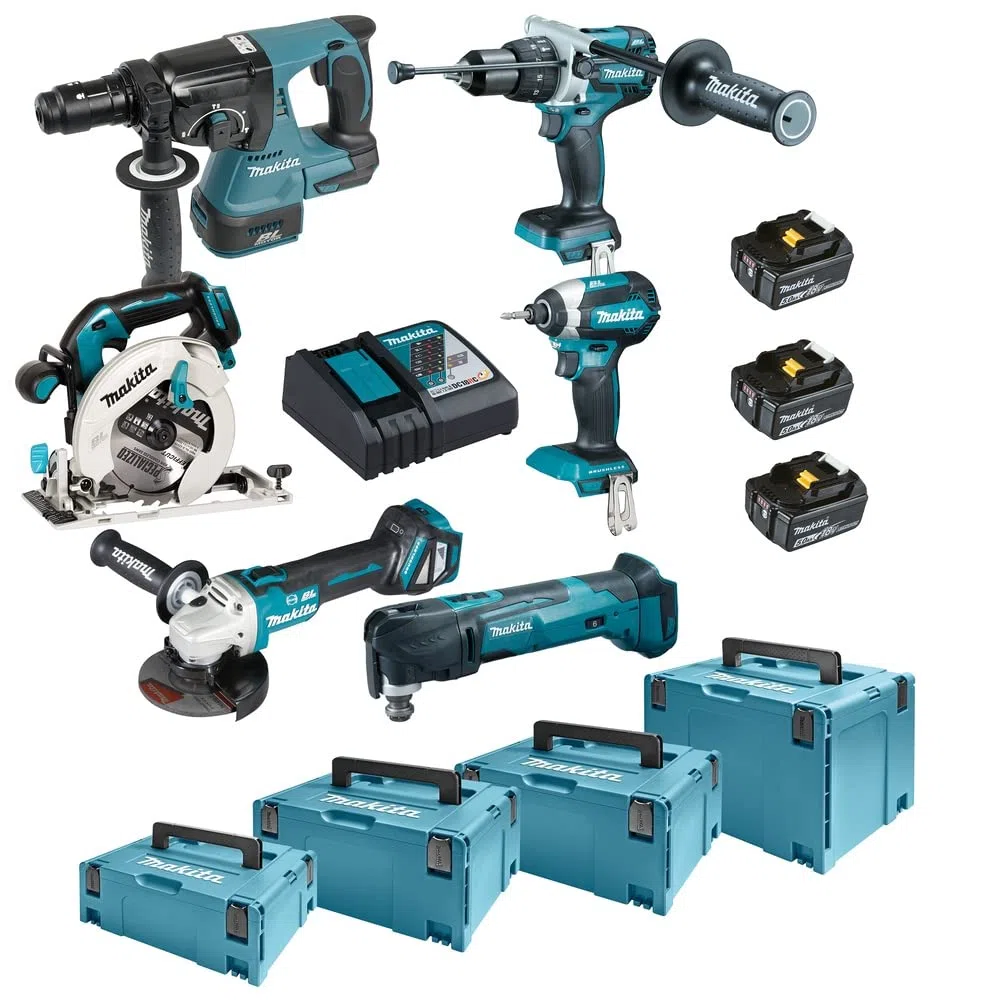 Makita DLX6085TJ Akku-Kombo-Kit 18V (DHR243+DHP481+DTD153+DHS680+DGA513+DTM51) / 5,0 Ah, 3 Akkus + Ladegerät + 4x MAKPAC