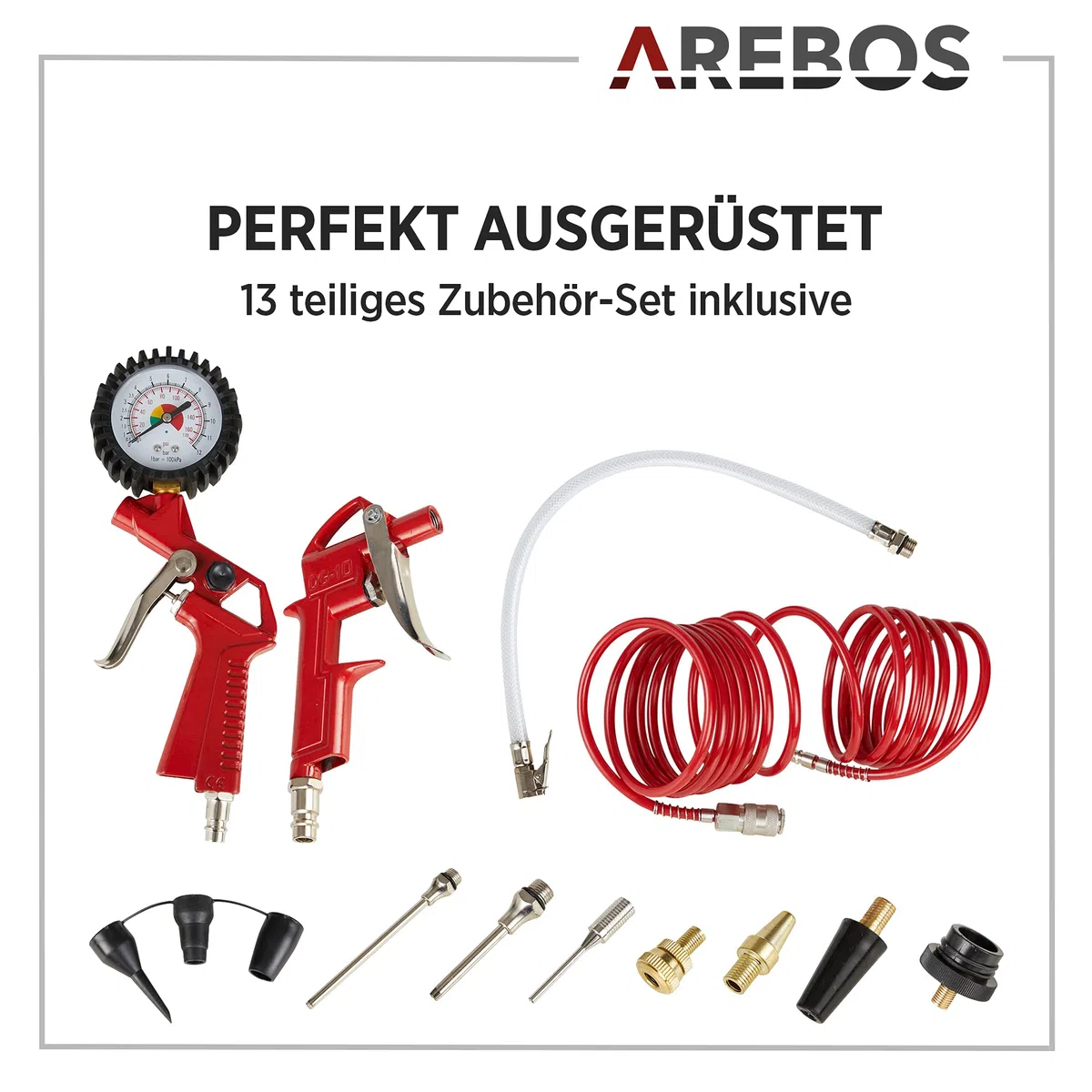 Arebos 50L Druckluftkompressor 1500W | 10 bar Kompressor stehend | 240 L/min Ansaugleistung | Ölfrei & leistungsstark | inkl. 5,3 m Spiralschlauch & 13-tlg. Zubehör | Wartungsarm | Abschaltautomatik
