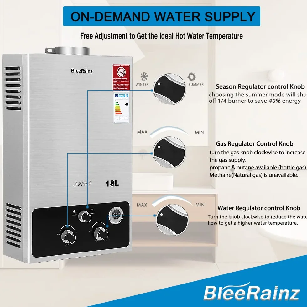 BreeRainz 18LPM Gasdurchlauferhitzer, 36KW LPG Propan Butan Warmwasserbereiter Durchlauferhitzer, Warmwasserspeicher für Zuhause Wohnmobile