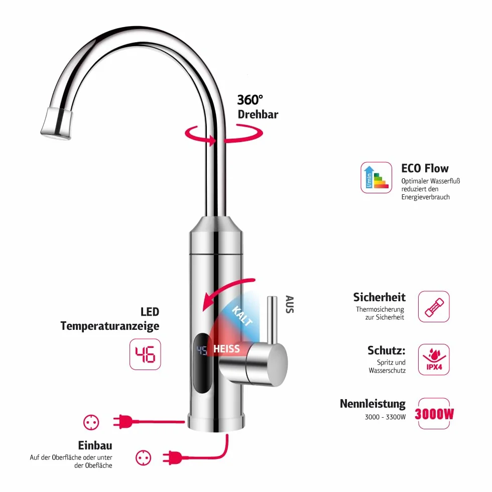 HOGART Elektrische Wasserhahn mit Durchlauferhitzer 230v für Küche, Garten, Bad, Wohwagen, Camping, Smart Heater, Armatur mit Sofortiger Warmwasserbereiter, Warmwasserhahn, Küchenarmatur, Wasserboiler