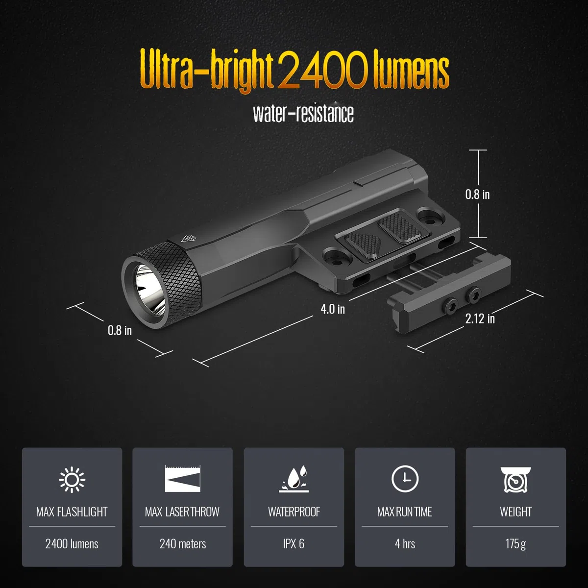 DEFENTAC 2400 lm Aluminium-Taschenlampe ist kompatibel mit Picatinny/Mlok-Schiene für Gewehr, wiederaufladbares Waffenlicht mit Stroboskop/Momentan, mit Druckpolsterschalter