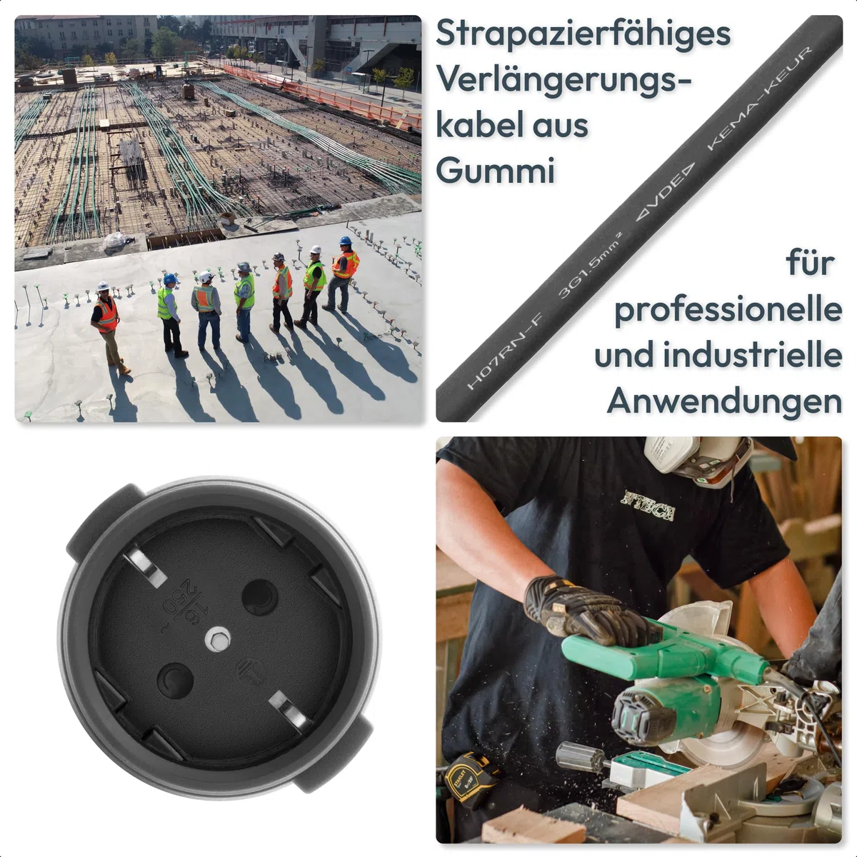 15m Gummi-Verlängerungskabel H07RN-F 3G1,5mm² für Garten, Baustelle, Werkstatt, Industrie, dauerhaften Einsatz im Außenbereich und Starke mechanische Beanspruchung, IP44, schwarz