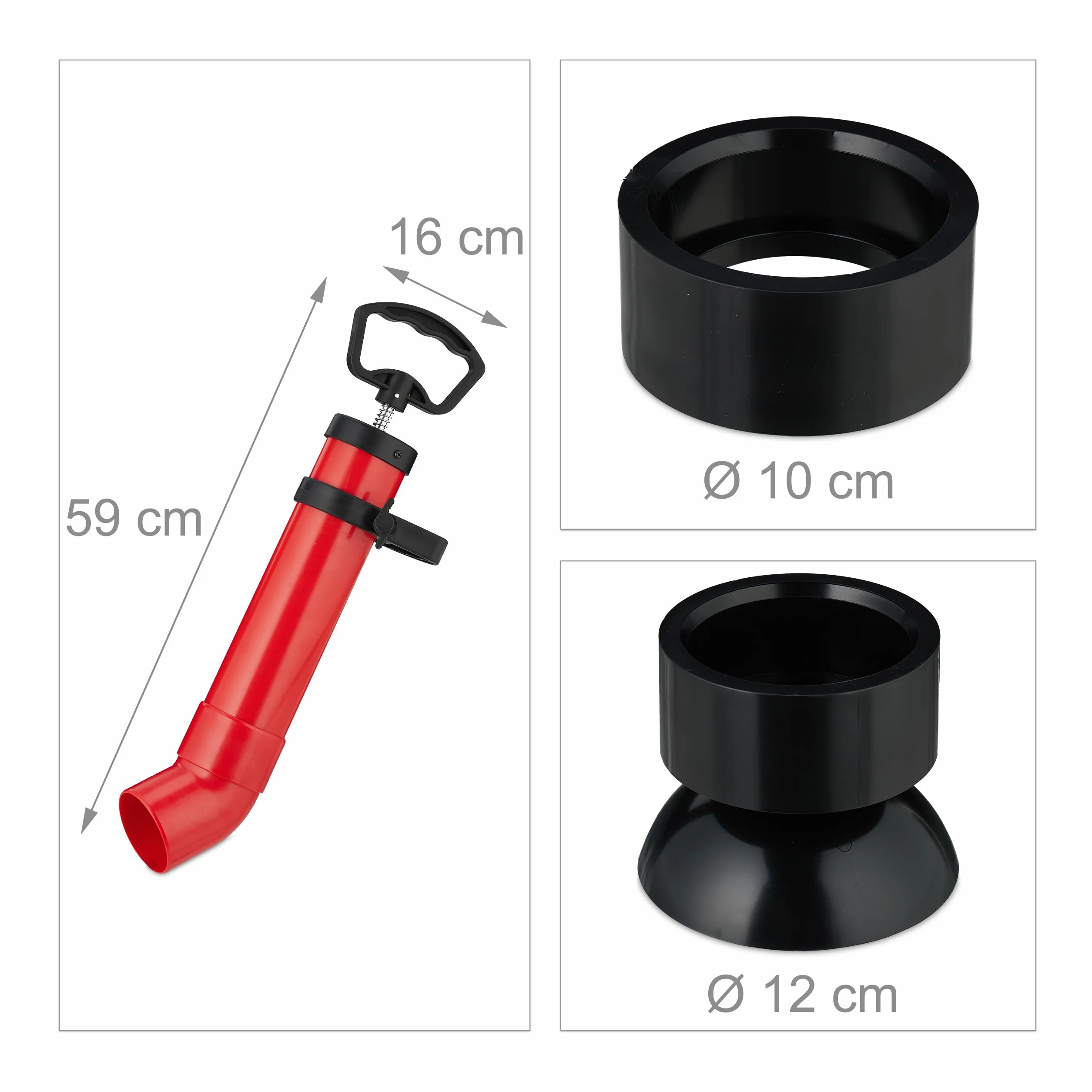 Relaxdays Rohrreinigungspumpe, 2 Aufsätze für Dusche & Waschbecken, Abflussreiniger Druckluft, chemiefrei, schwarz/rot