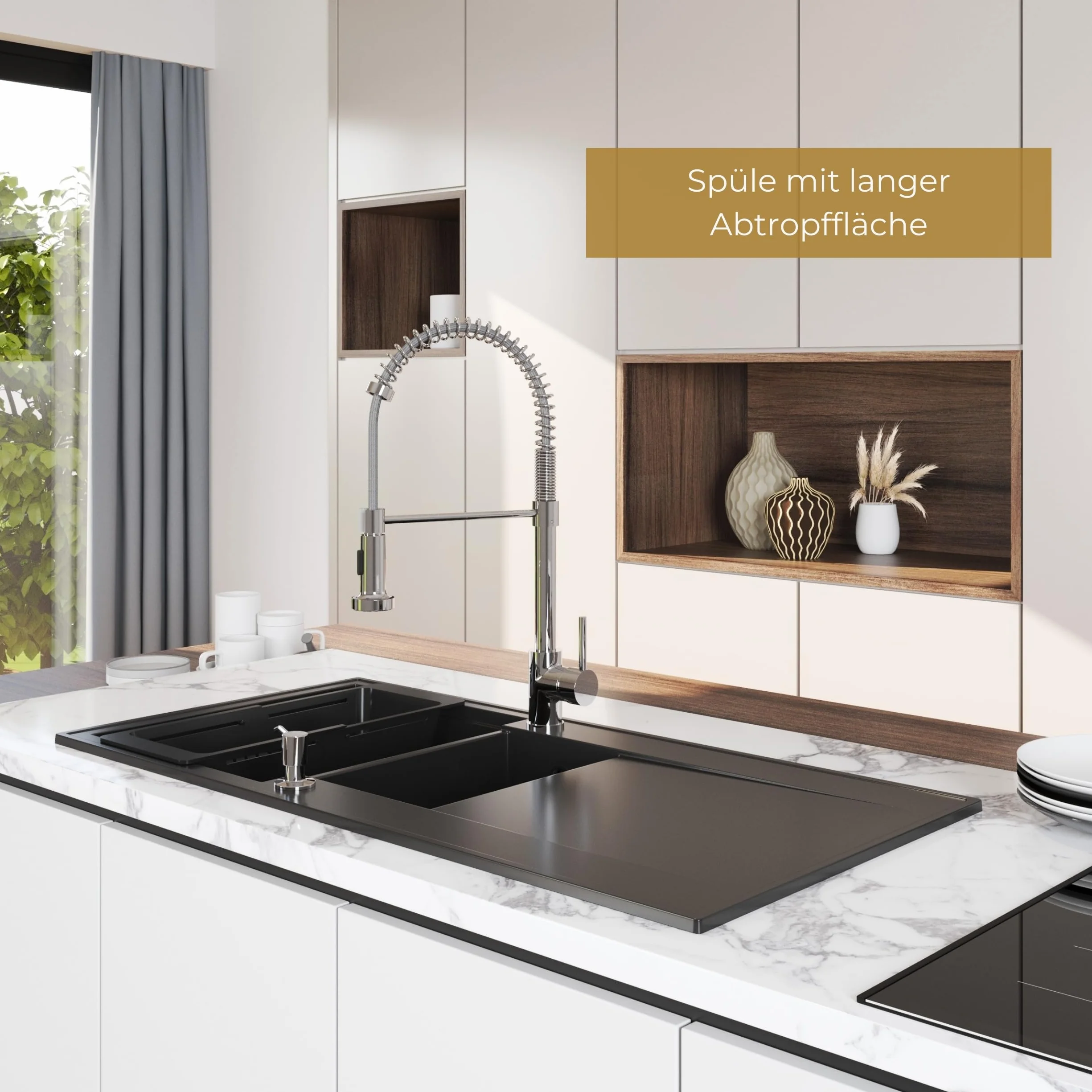 SINK QUALITY Spülbecken beige 100x50 cm, Granitspüle 1,5 Becken, Spüle mit Siphon und Imprägniermittel, Küchenspüle ab 60er Unterschrank