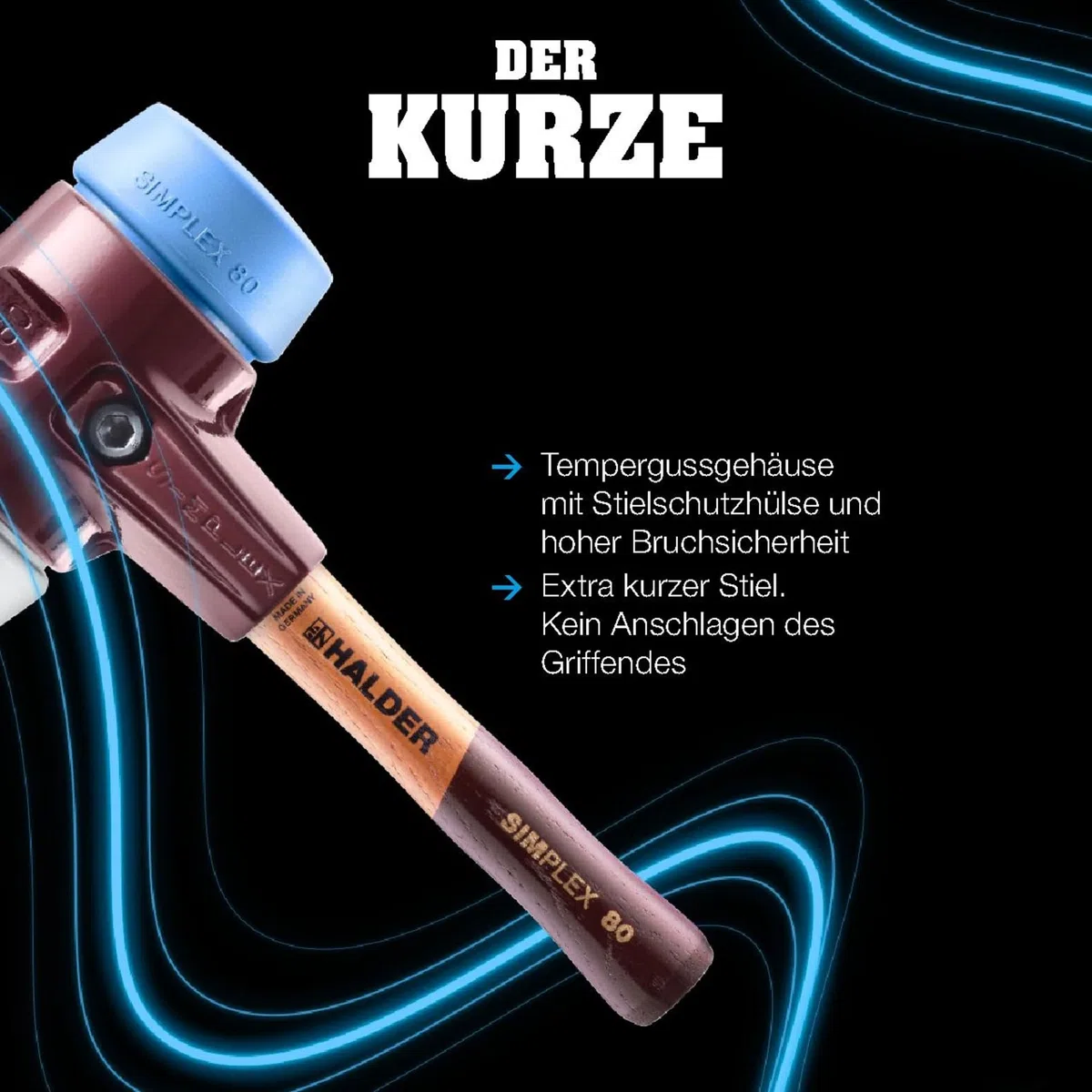 SIMPLEX-Schonhammer, TPE-mid/Gummikomposition; mit Tempergussgehäuse und hochwertigem extra kurzen Holzstiel | D=80 mm/Stielausführung=extra kurz | 3023.082