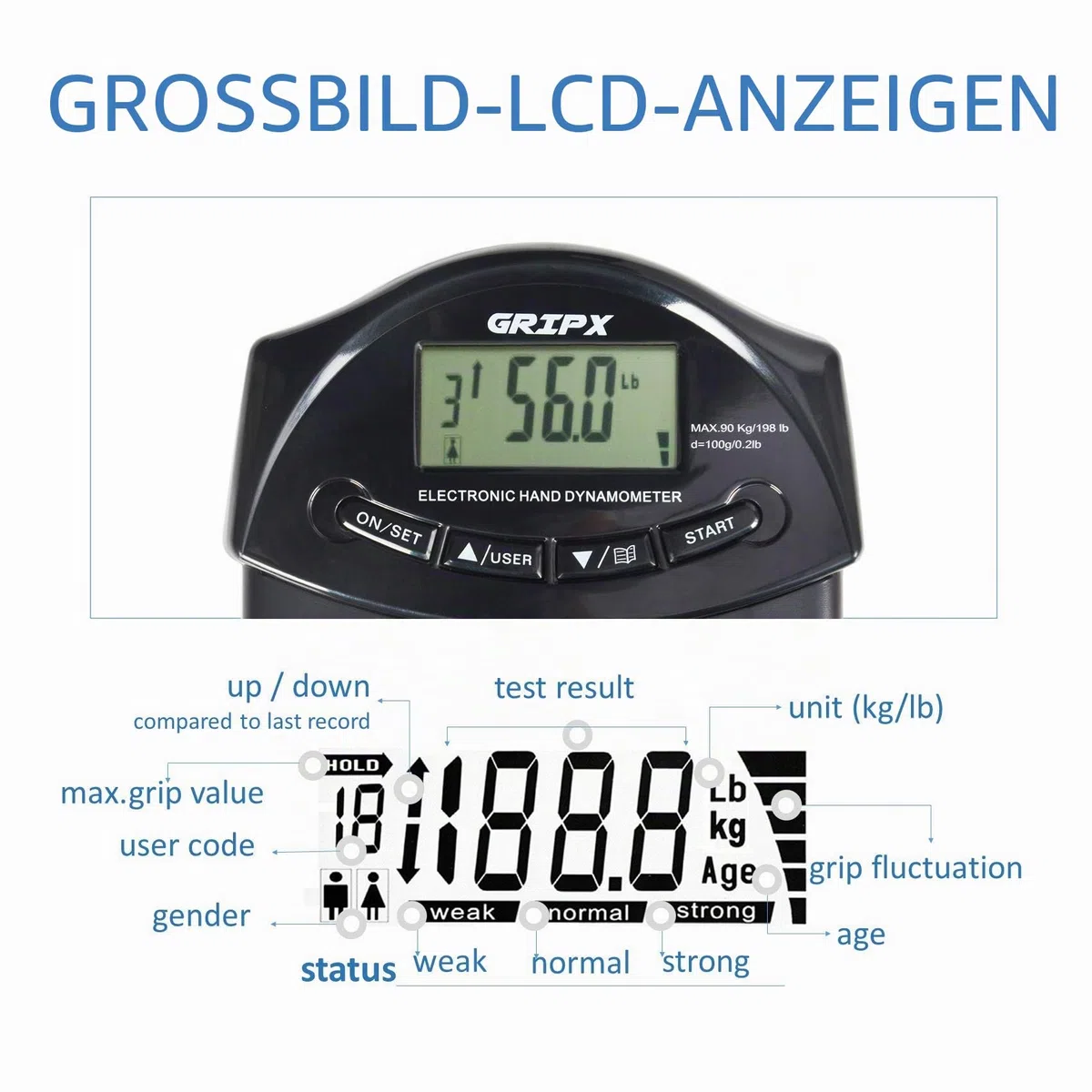 Digitaler Handdynamometer Griffstärke-Messgerät Automatische Erfassung der elektronischen Griffkraft 198 lbs / 90 kg