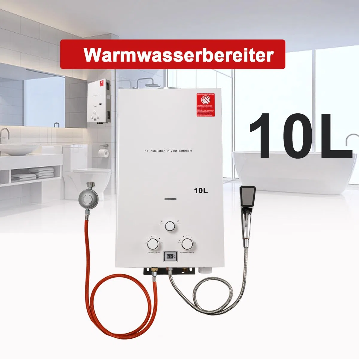 10L 20KW Tragbarer Gas Durchlauferhitzer Propangas Campingdusche mit Gasdruckminderer, für Dusche im Außenbereich Warmwasser Camping Dusche LPG Warmwasserbereiter Warmwasser Tankless Instant