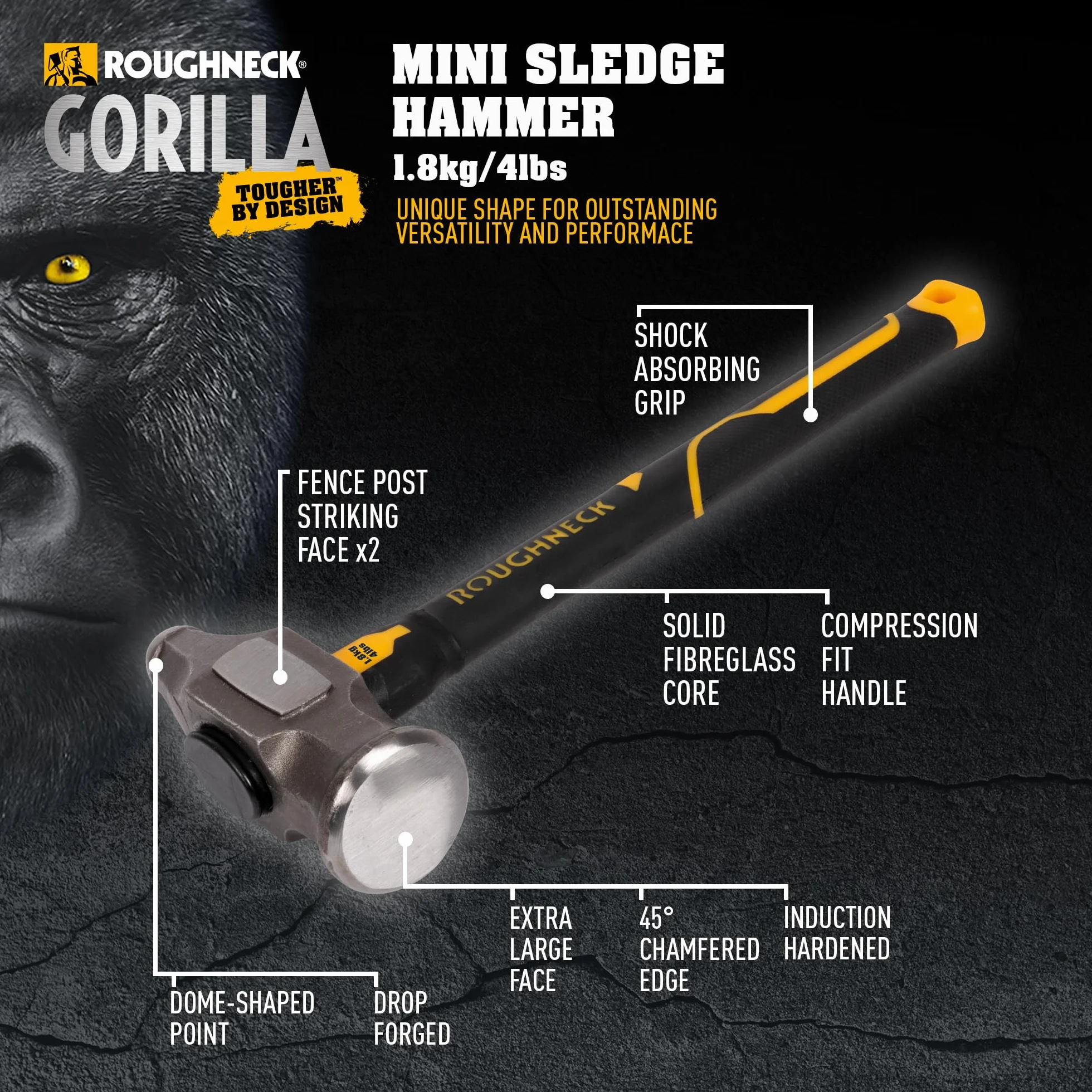Roughneck Gorilla ROU65804 Mini-Vorschlaghammer, Fiberglas, 1,8 kg/1,8 kg, mit Kompressions-Griff