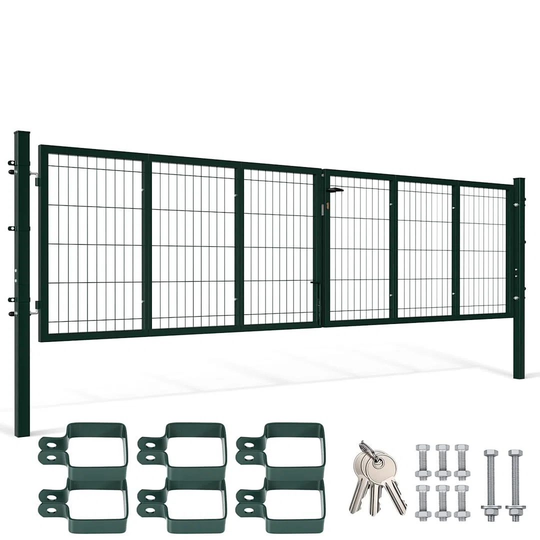 Gartentor metall, Doppelflügelig Gartentür, 350x100 cm, Vierkantrohr, für Landhaus/Pferdeweiden, für Doppelstabmattenzaun (Grün)