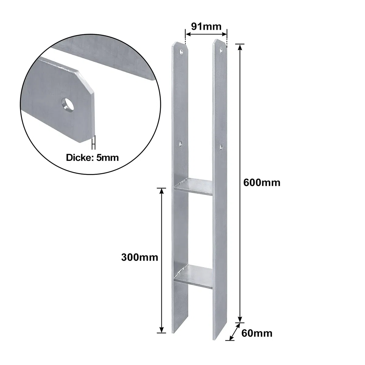 ACXIN H-Pfostenträger H-Anker Pfostenanker Set in Stahl mit Beschichtung, für feste Installationen im Freien, 91x600mm, 5mm Materialstärke (6 Stück)