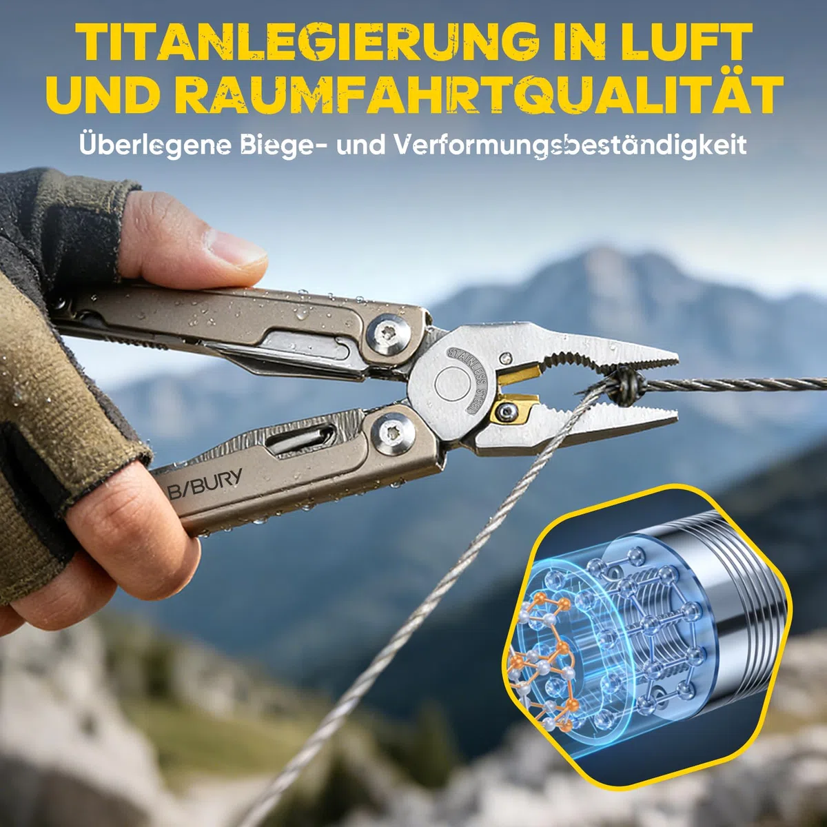 BIBURY Multitool Titan & Damast Messer - Multifunktionswerkzeug mit Zange, Schere, austauschbarer Säge & Bits - Profi EDC Taschenmesser Geschenke für Männer, Reparieren, Camping Zubehör BI2049TI