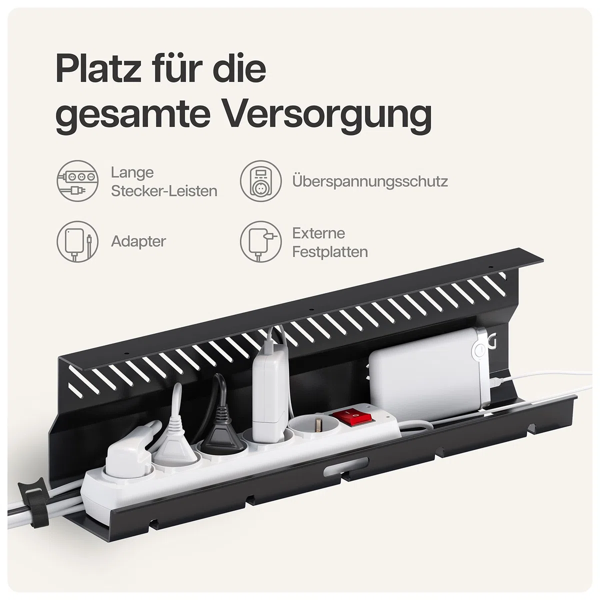 Kabelkanal Schreibtisch Schwarz 2er Set - Edelstahl Kabelmanagement Schreibtisch Kabelkanal mit 5 Kabelausschnitten - Einfach zu Installierender Kabel-Organizer - Kabelhalter von Desktronic