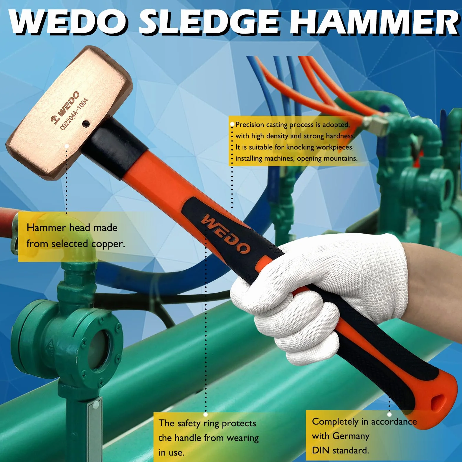 WEDO Fäustel, Kupferhammer,Vorschlaghammer mit Fiberglasstiel,500g,Länge 300mm,Abbruchhammer,Schlosser-Hammer,Kopf geschmiedet,Ingenieurhammer Einsatz bei Präzisionsabbrucharbeiten,Stemmhammer