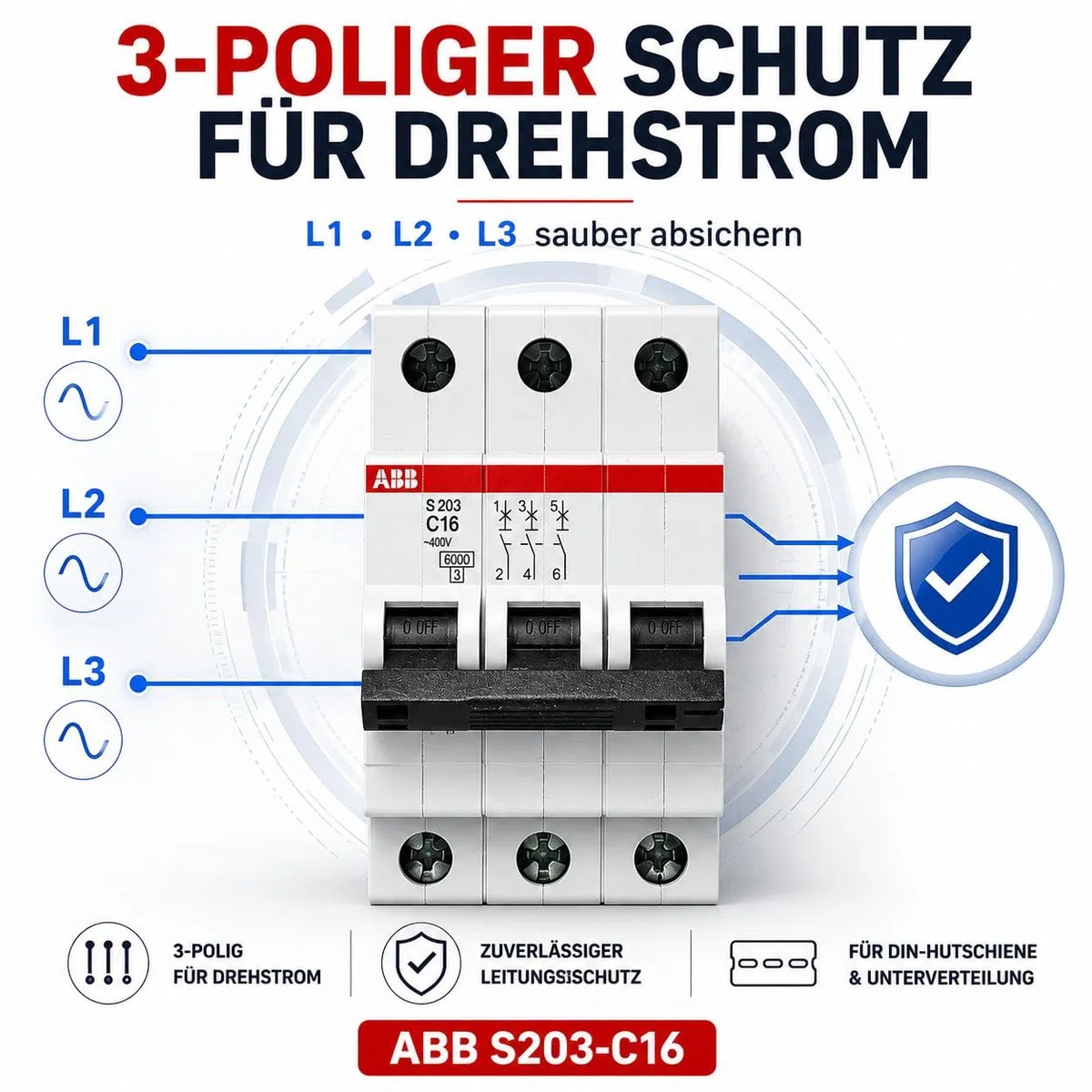 ABB S203-C16 Leitungsschutzschalter 3-polig 16A C-Charakteristik, Sicherungsautomat 6kA, LS-Schalter für Drehstrom & Hutschiene, System pro M compact Leitungsschutzschalter 3P