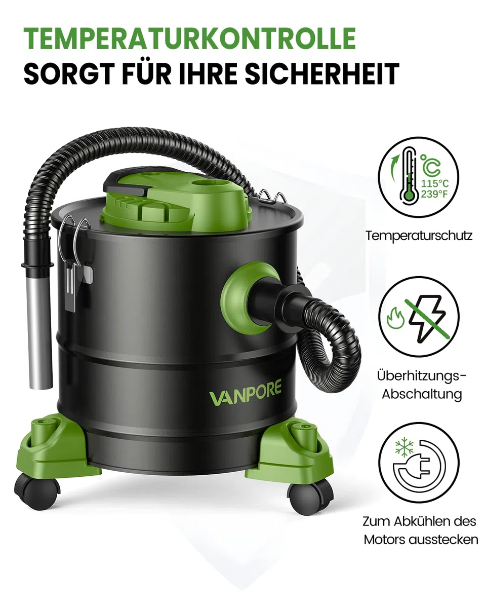 Aschesauger, 5,2 Gallonen, mit 1200 W Saugleistung, Fahrgestell, Aschesauger für Pelletöfen, Kamine, Grill, Holzofen, Feuerstellen, Grün