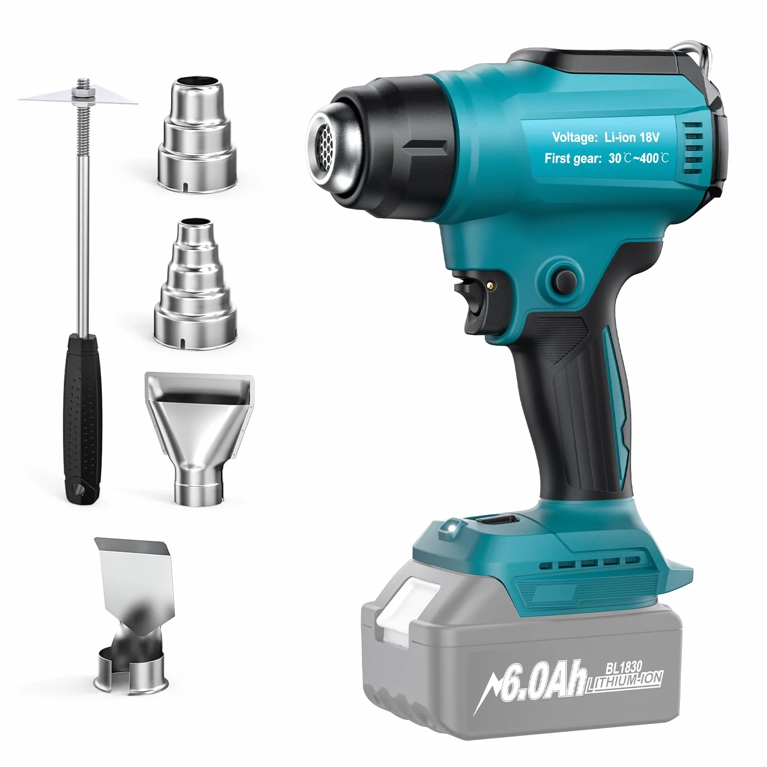 Kabellose Heißluftpistole für Makita 18V Akku (ohne Akku) Heißluftpistole zum Schweißen, Rohrbiegen, Farbentfernung, Heißluftpistole mit 4 Düsen.