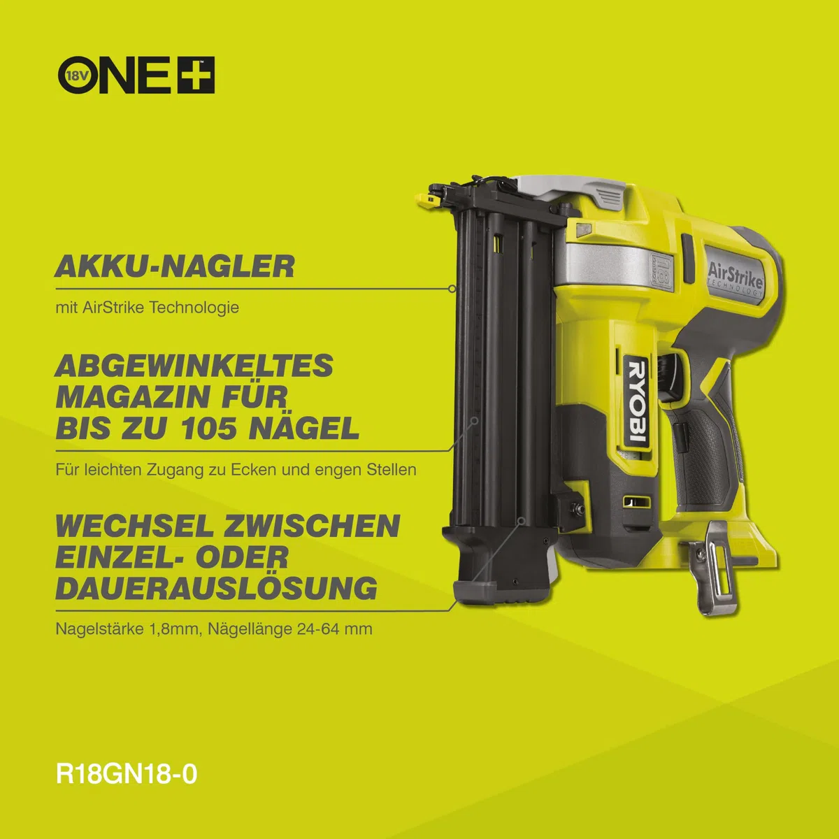RYOBI 18 V ONE+ Akku-Nagler R18GN18-0, Nagelstärke 1,2 Mm, Magazinkapazität 105 St., werkzeuglose Tiefeneinstellung, ohne Akku & Ladegerät
