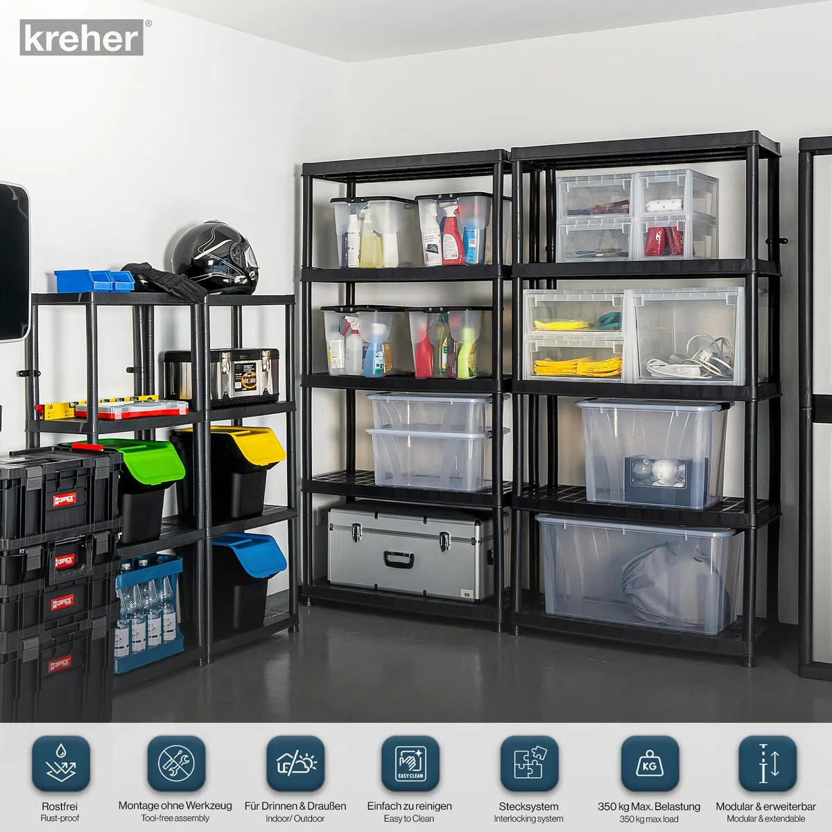 Kreher 2 Stück XXL Kunststoffregal, Schwerlastregal, Kellerregal 5 Böden, Schwarz, max. 350 kg Traglast pro Regal. TÜV Rheinland
