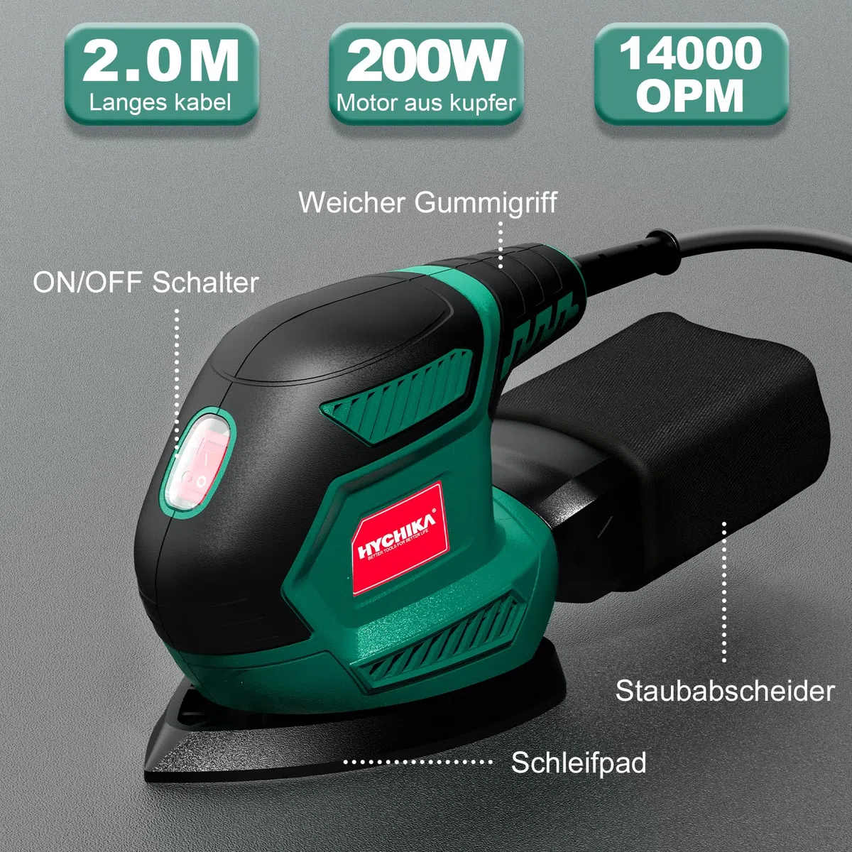 HYCHIKA Multischleifer, Deltaschleifer 200W, mit 12 Schleifblätter (Körnung 80/120/240), 14000 U/min, Klettfix-System, Staubsaugbeutel, Schleifmaschine für Ecke & Kante, Metal & Holz